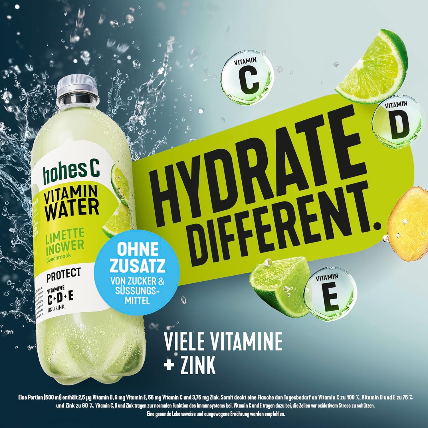 hohes C Vitamin Water Protect Limette & Ingwer (6 x 750ml), für dein Immunsystem: Vitamin C, D, E + Zink, gegen oxidativen Stress, nur 6kcal/100ml, ohne Zuckerzusatz & Süßungsmittel, vegan