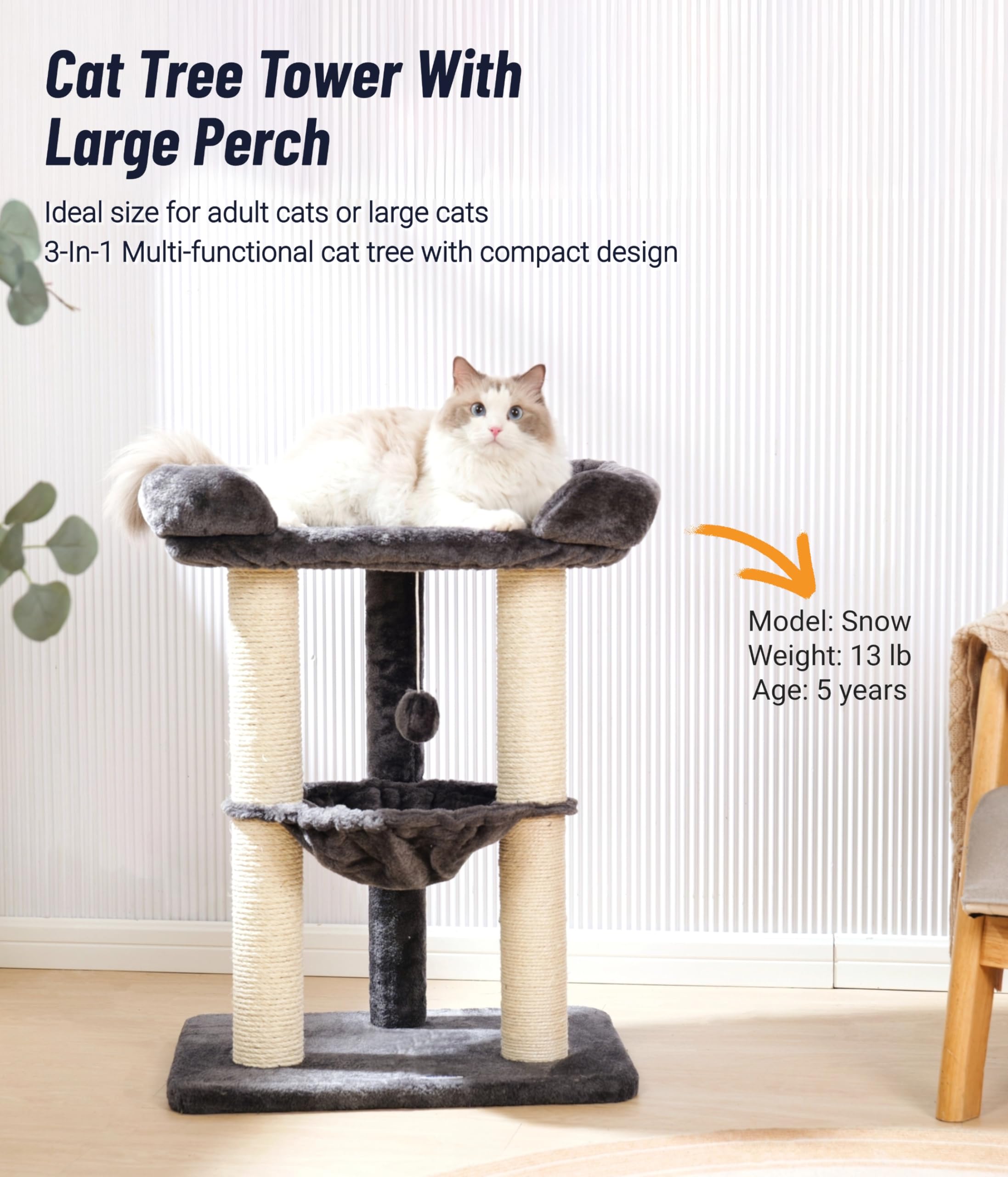Happi N Pets 71CM Kratzbaum für Katzen, Hoher Kratzstamm mit großem Bett für große Katzen, Sisal-Kratzbaum mit weicher Liegefläche & Hängematte, Stabiler Katzenbaum, Abnehmbarer Bezug-Beige