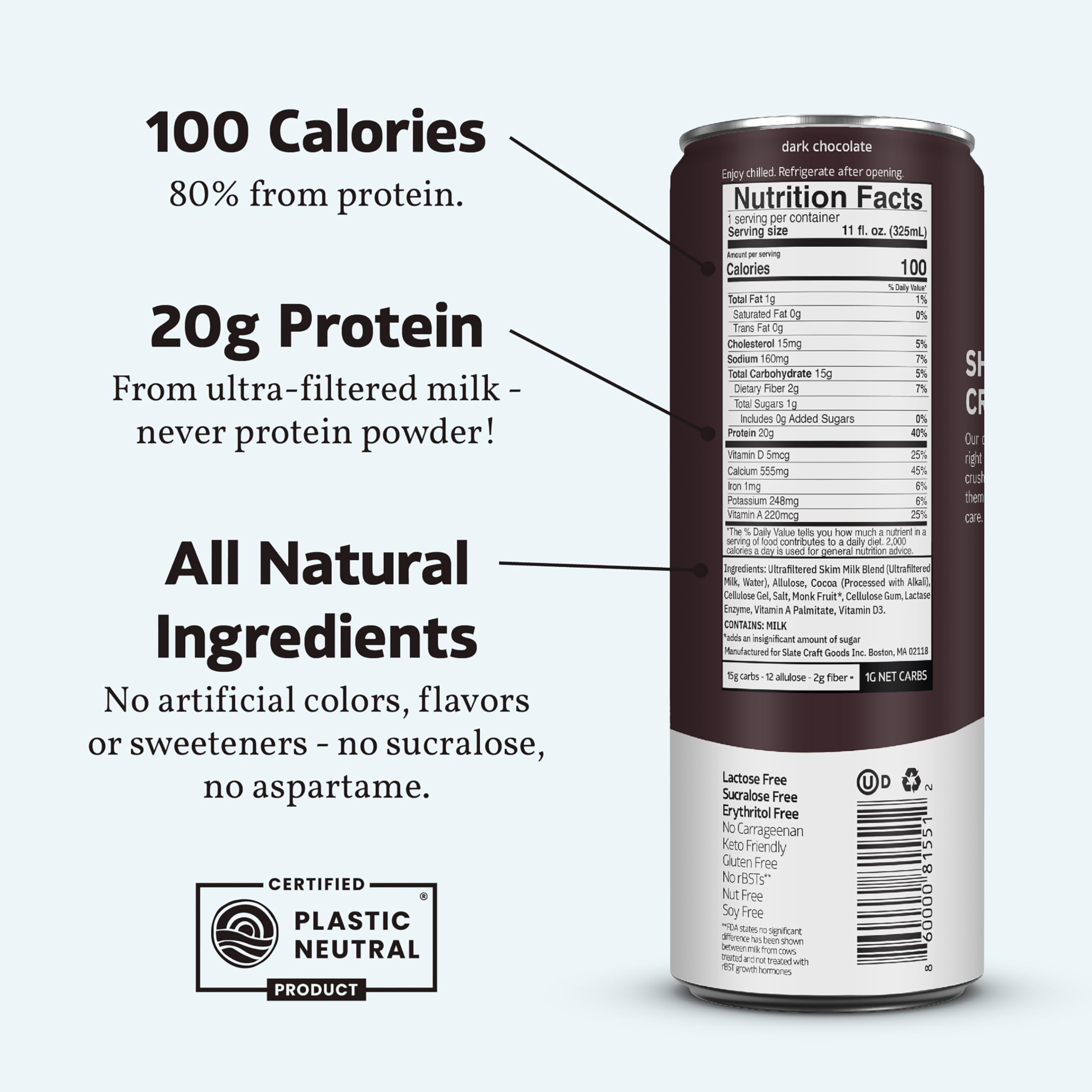 Slate Milk - High Protein Milkshake - French Vanilla - Lactose-Free, 20g Protein, 1g Sugar, 100 Calories, 1g Net Carbs, No Added Sugar - Natural, Breakfast Boost, Post Workout - 11 fl oz, 12 Cans