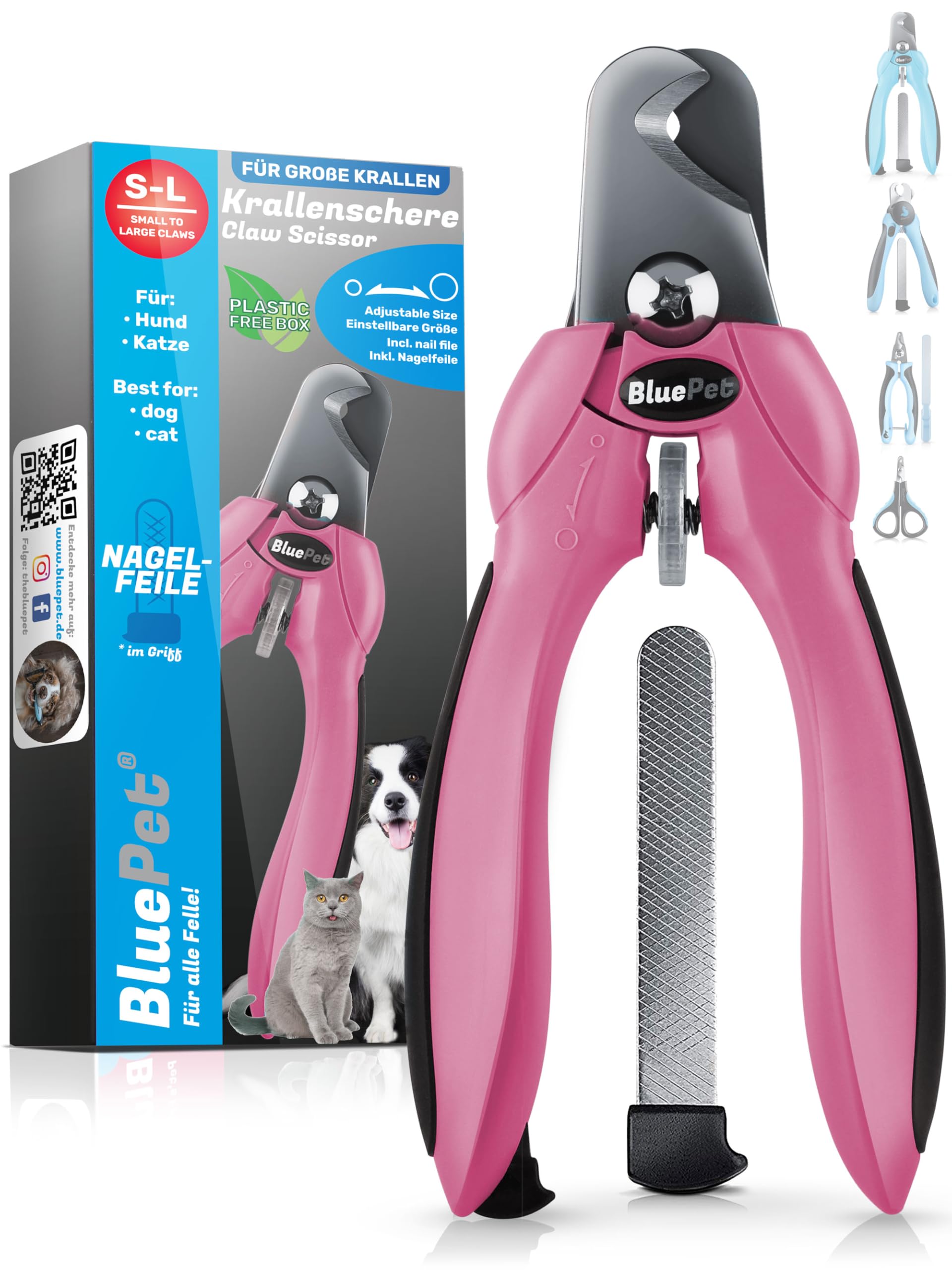 BluePet Krallenschere mit Schutz für Hunde & Katzen I Einsteigerfreundlich I Krallenzange für kleine & große Krallen + Krallenfeile im Griff - Alternative zu Nagelschere & Krallenschleifer