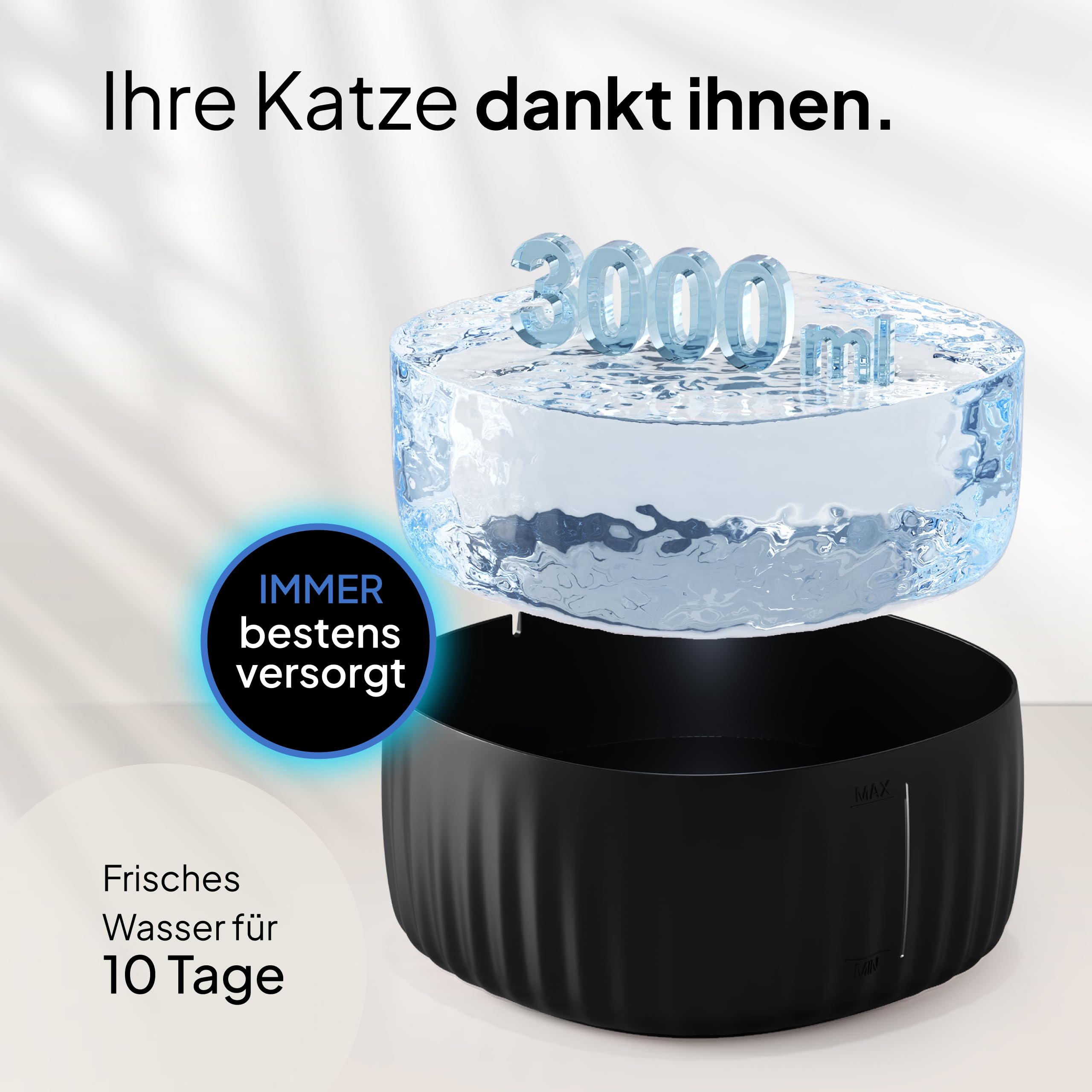 PrettyPaw Katzenbrunnen - Super leiser, BPA-freier 3L Trinkbrunnen für Katze mit LED und Aktivkohlefilter - Leicht zu reinigender Katzen Trinkbrunnen - Aqua Flow (Schwarz)