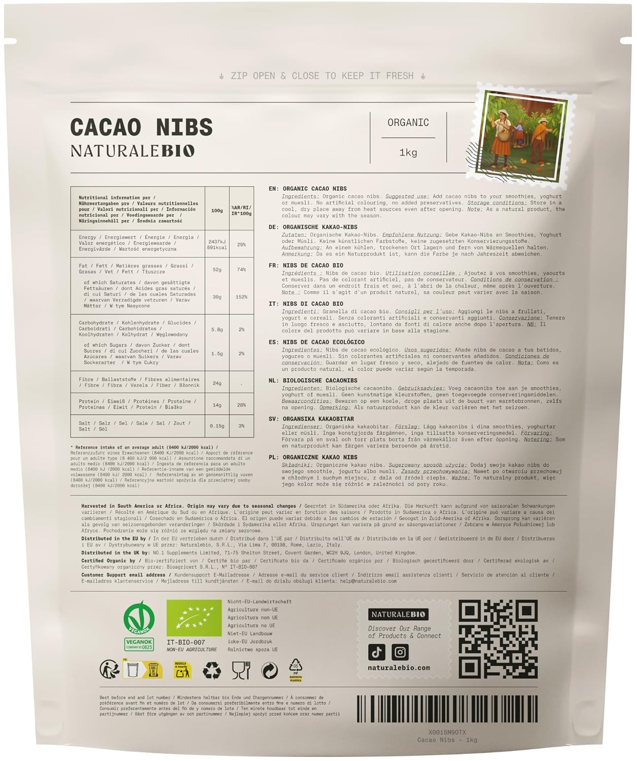 NaturaleBio Kakao Pulver Bio 1kg. Organic Cacao Pulver, Roh & Ungesüßt, Ideal für Getränke, Smoothies & Backen, Reich an Magnesium & Phosphor, Geprüft auf Schwermetalle