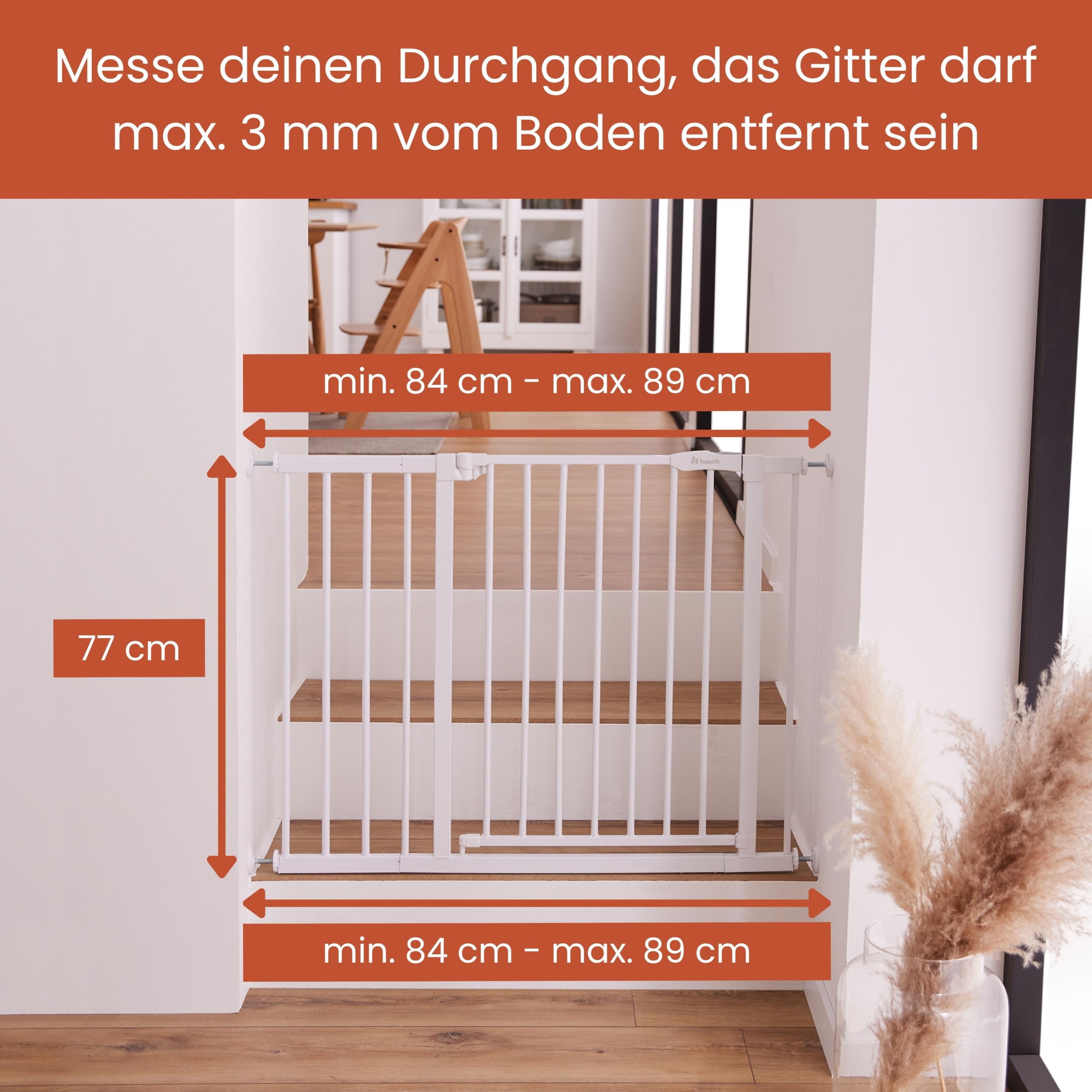 hauck Open N Stop 2 + 21 cm Verlängerung, Weiß - Kinderschutzgitter Hundegitter, Verstellbare Breite 96-101 cm, 77 cm Hoch, Beidseitige Einhand Öffnung, ohne Bohren, für Innen
