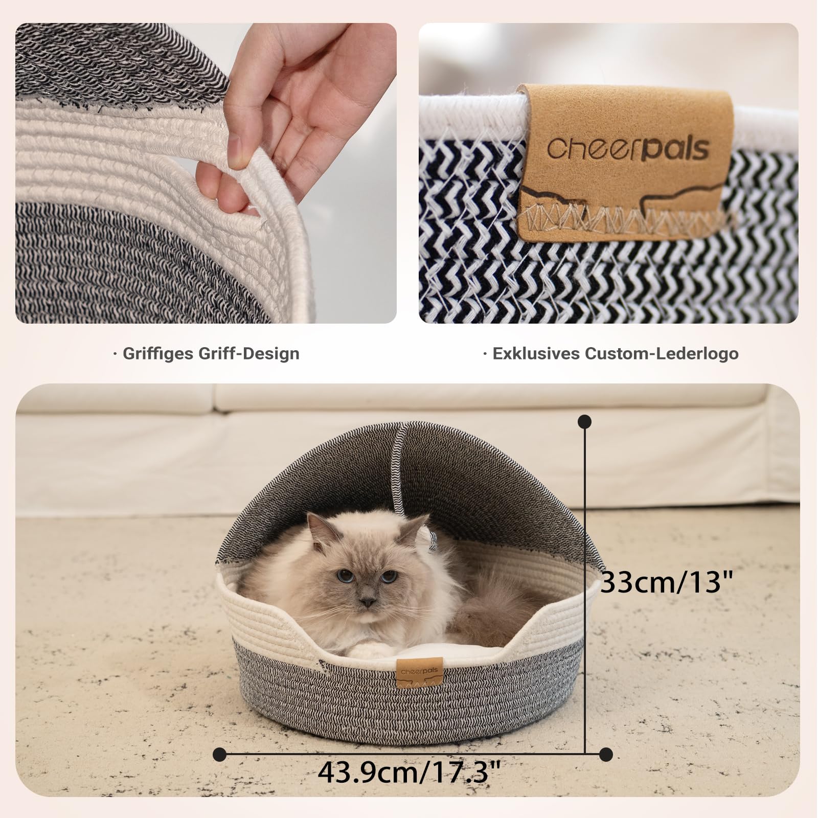 CheerPals Katzenbett mit Kissen, 47cm Waschbar Katzenkorb aus Baumwollseilen geflochten, zum Schlafen für Alle Katze, All Season Universal