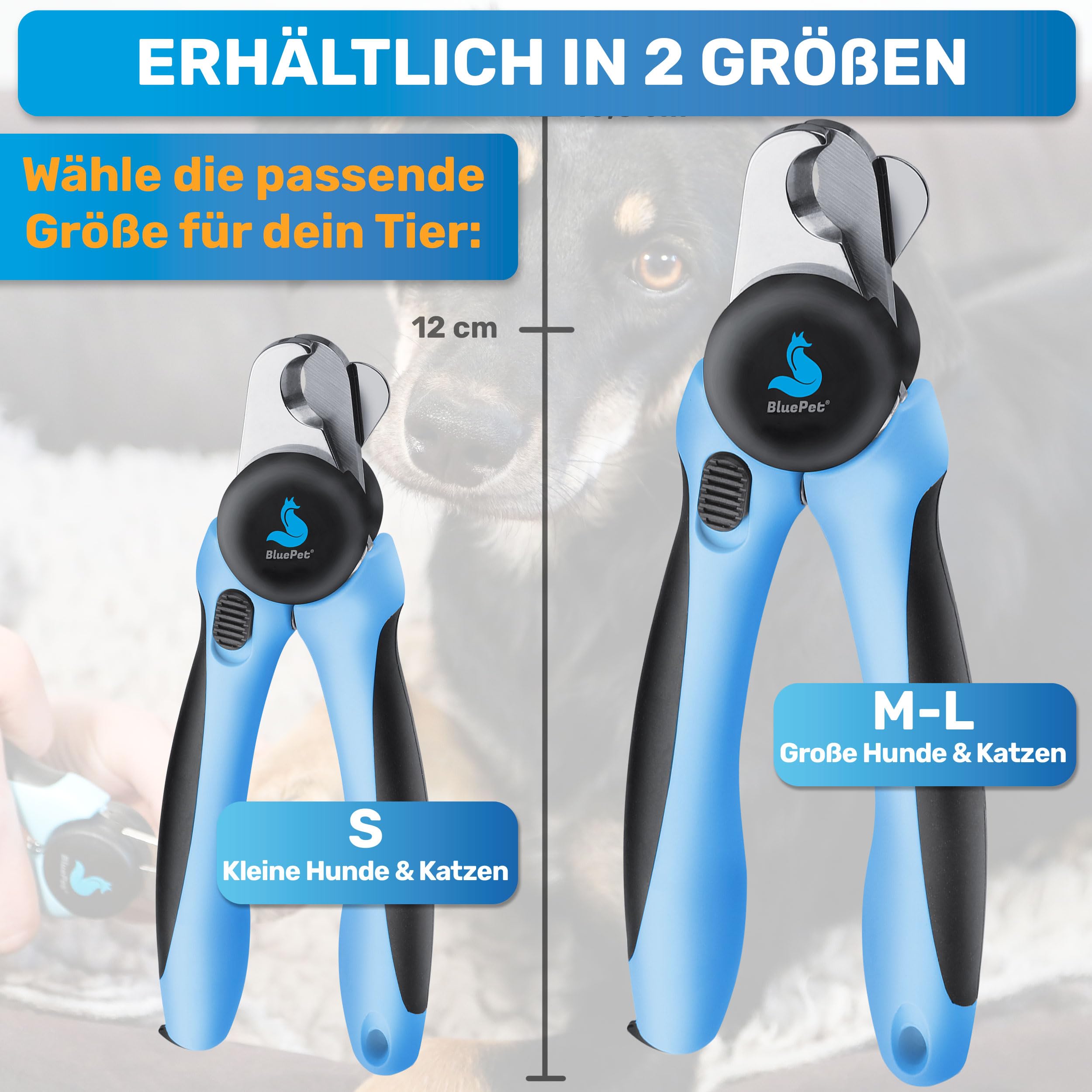 BluePet Krallenschere mit Schutz für Hunde & Katzen I Einsteigerfreundlich I Krallenzange für kleine & große Krallen + Krallenfeile im Griff - Alternative zu Nagelschere & Krallenschleifer