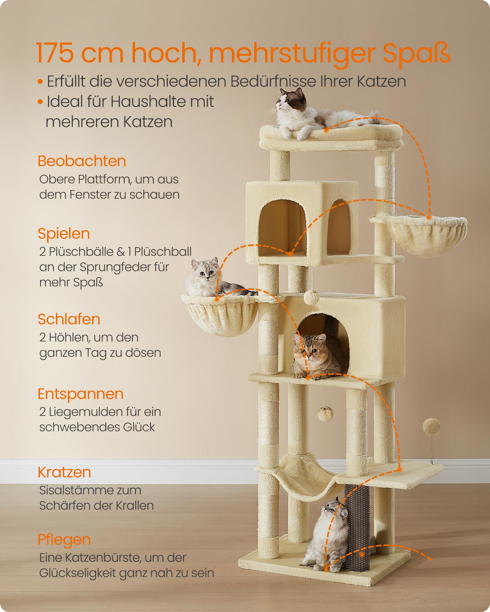 Feandrea Kratzbaum, 175 cm hoch, XL, mehrstöckiger Katzenbaum mit 2 Höhlen, 2 Liegemulden, 5 Kratzsäulen, Katzenbürste, große Plattform, Taubengrau PCT182G01