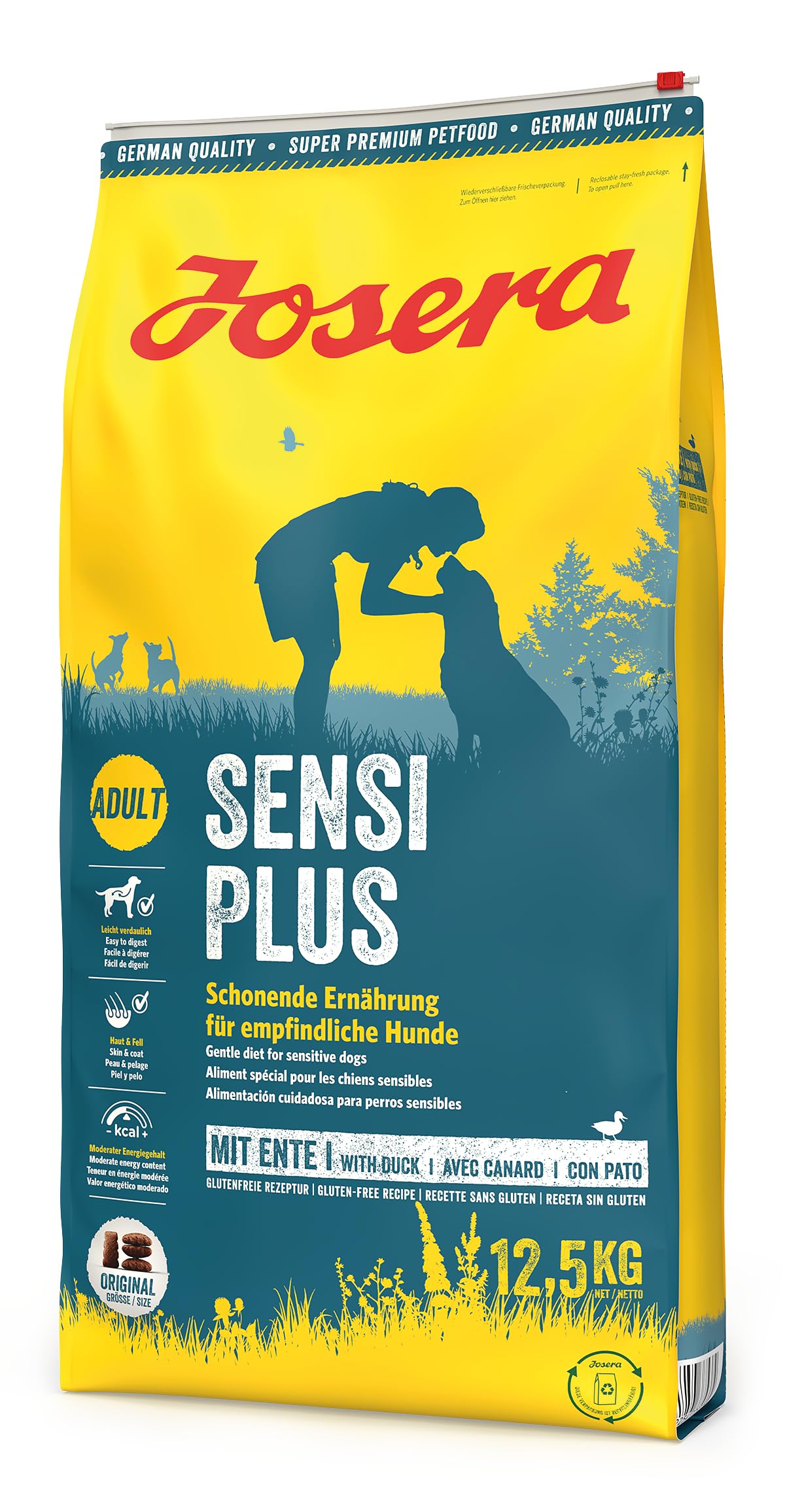 JOSERA Adult SensiPlus Ente & Reis (1 x 12,5 kg) | Premium Trockenfutter für ausgewachsene empfindliche Hunde | mit viel Biotin für gesunde Haut & Fell | hoch verdaulich | glutenfrei | 1er Pack