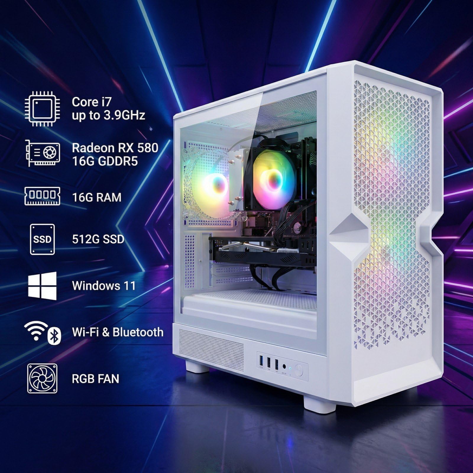 STGAubron Gaming PC Desktop Computer, Intel Core i7 up to 3.9GHz, Radeon RX 580 8G, 16G RAM, 512G SSD, WiFi 6, BT 5.0, RGB Fan x4, Windows 11 Home