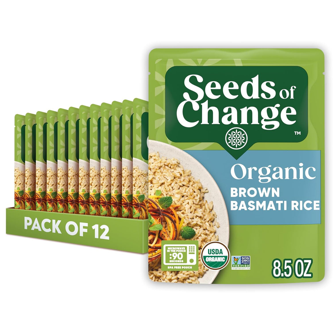 SEEDS OF CHANGE Certified Organic Brown Basmati Rice, Organic Food, 8.5 OZ Pouch (Pack of 12)