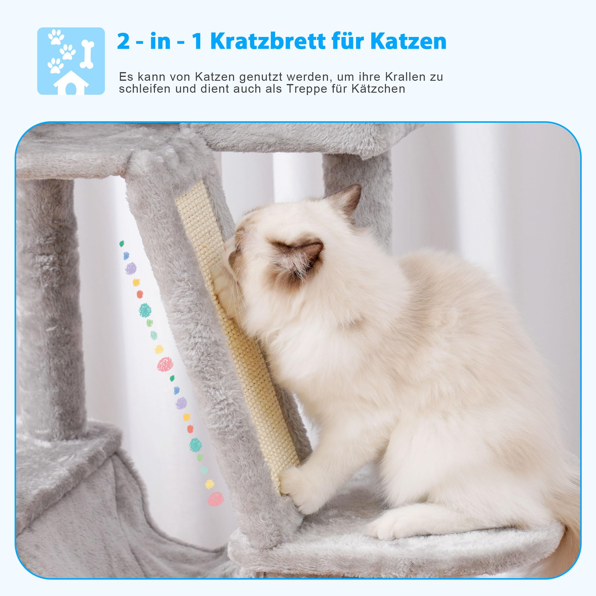 Hey-Brother Kratzbaum, 135 cm Indoor Katzenbaum, Mit gepolsterter Plattform Bett, Spielzeug Ball, Höhlen, Hängematte und Sisal Kratzbaum Katzenhaus, Hellgrau MPJ019-SW