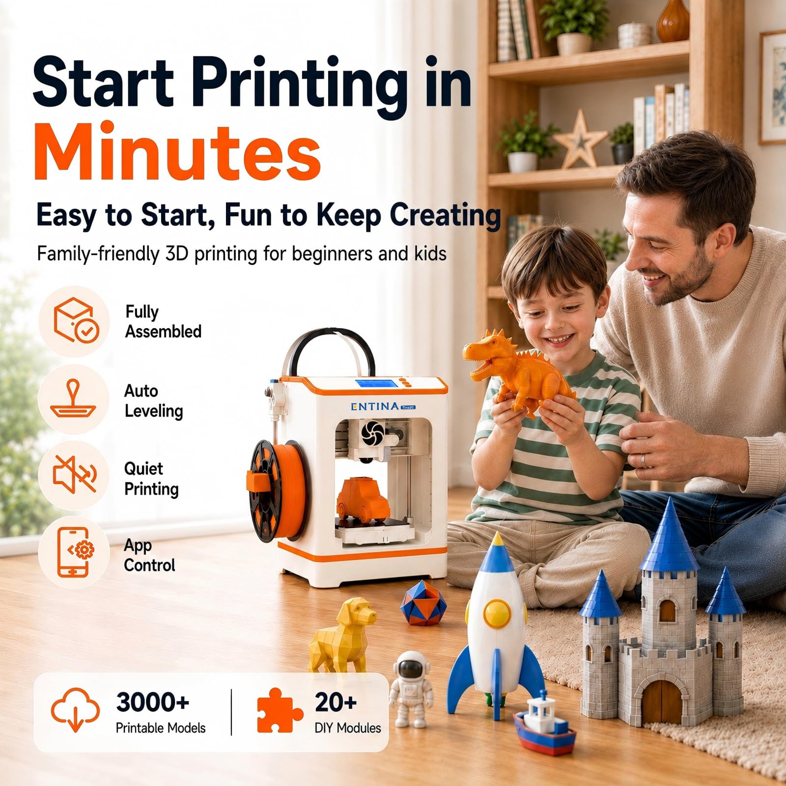 Entina Tina2C 3D Printer for Kids & Beginners, Fully Assembled Starter Mini 3D Printer, Start in 8 Mins, App & WiFi Control, Auto Leveling, 3000+ Model Library, 20+ Creative DIY Modules for STEM, Home