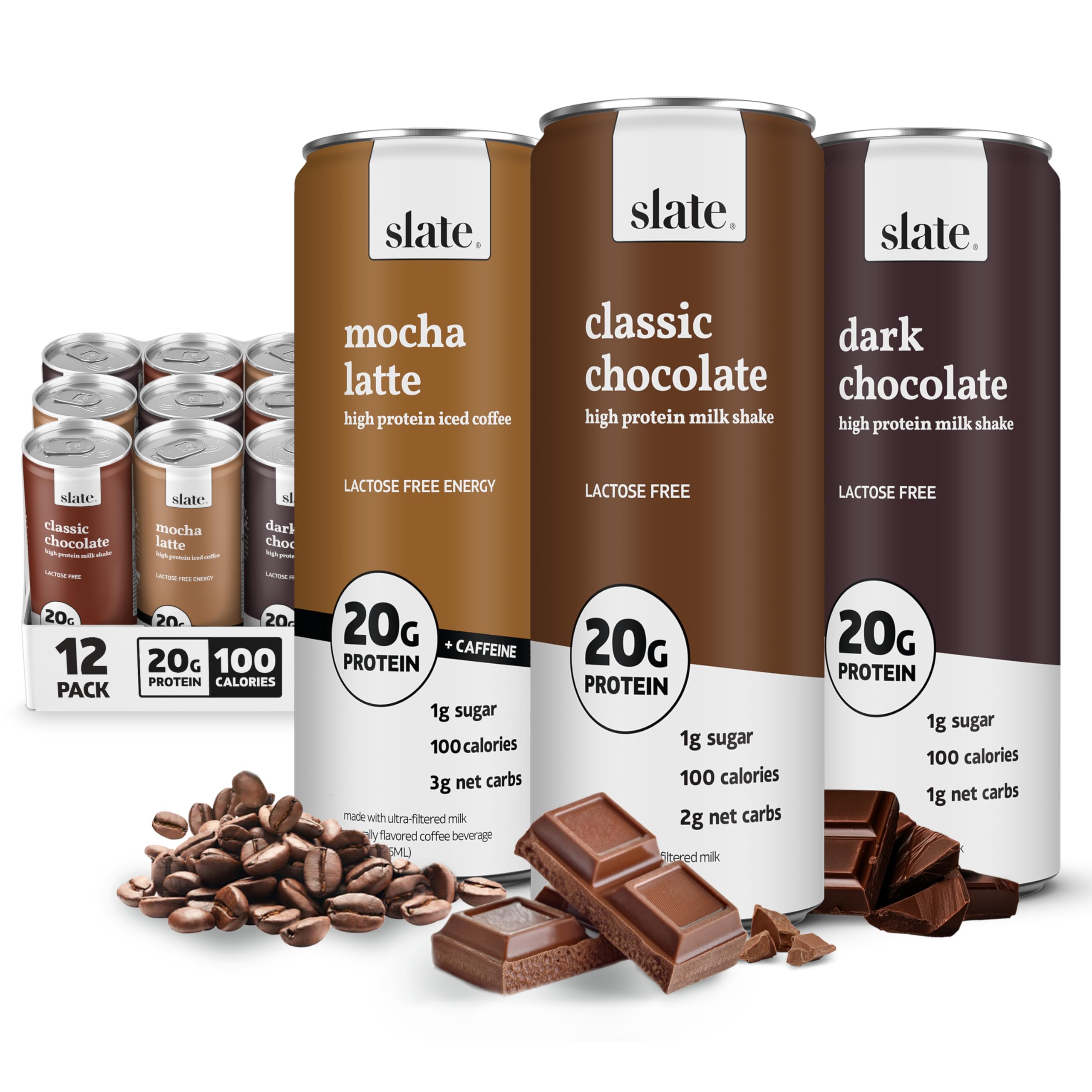 Slate Milk - High Protein Milkshake - French Vanilla - Lactose-Free, 20g Protein, 1g Sugar, 100 Calories, 1g Net Carbs, No Added Sugar - Natural, Breakfast Boost, Post Workout - 11 fl oz, 12 Cans