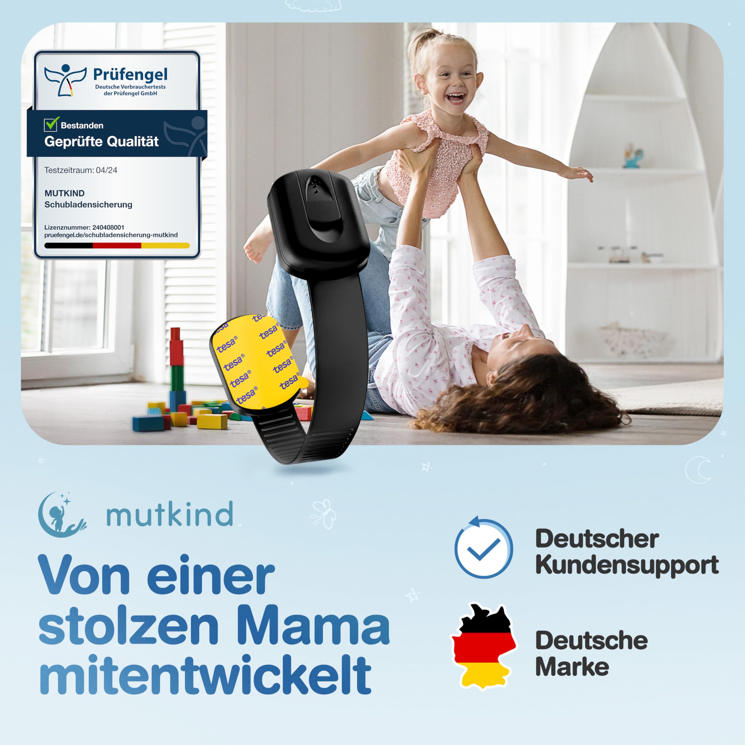 MUTKIND 10 Stück Kindersicherung Schrank - (Mit Kleber von TESA) Schranksicherung Baby - Längenverstellbar - Schubladensicherung Baby für Schränke, Kühlschrank, Tür - Kindersicherung Schubladen Weiß