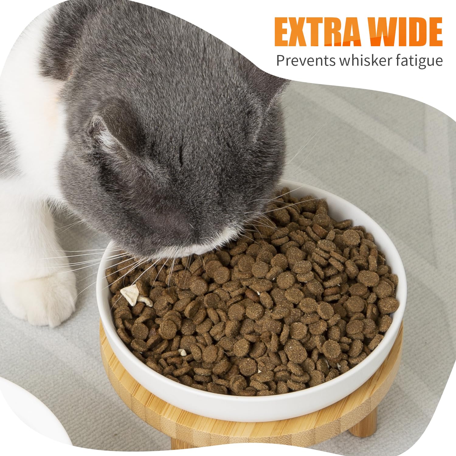 Lusifaco Keramik Katzennapf Erhöht, 15 cm Breite, Erhöhter Katzennapf aus Keramik mit Bambusständer, Schnurrhaarfreundliche Katzen Futternapf, Futterstation Katze, Fressnapf Kätzchen(2er-Set)