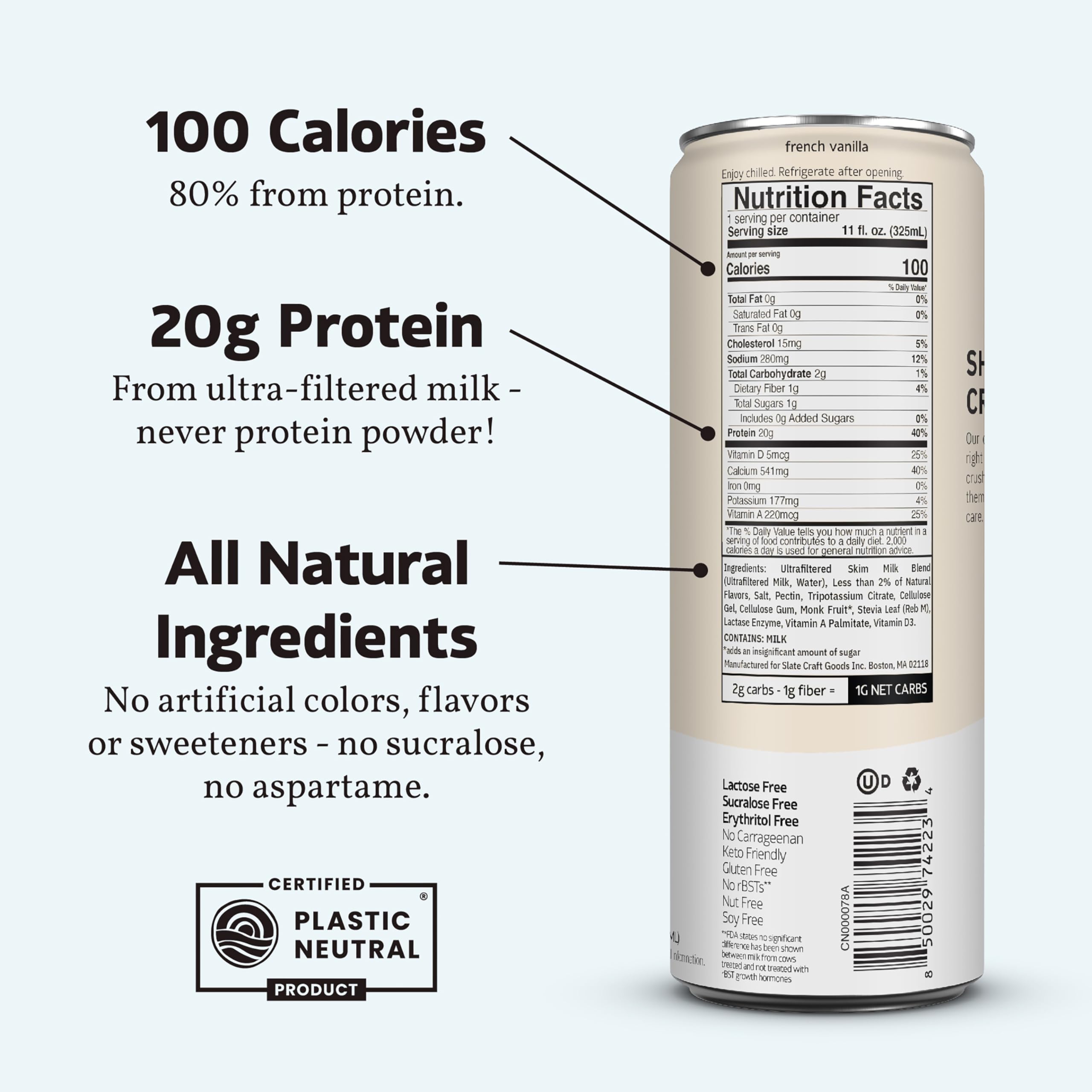 Slate Milk - High Protein Milkshake - French Vanilla - Lactose-Free, 20g Protein, 1g Sugar, 100 Calories, 1g Net Carbs, No Added Sugar - Natural, Breakfast Boost, Post Workout - 11 fl oz, 12 Cans