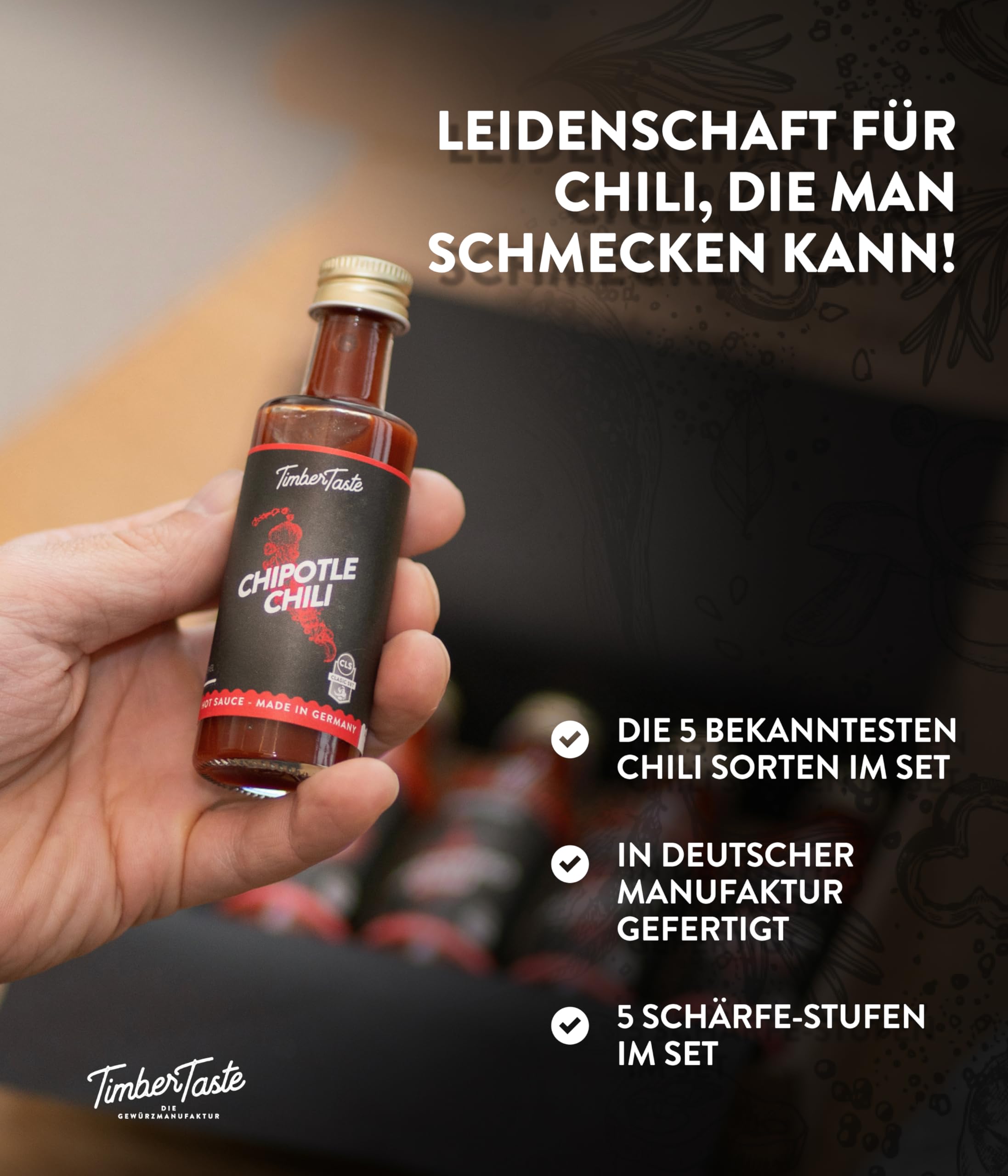 TIMBER TASTE® Chili Geschenkset scharfe Soßen Set - 5 Hot Sauce Set je 40ml in Geschenkverpackung für Liebhaber & Genießer scharfer Saucen | Ostergeschenk Mann | kleine Ostergeschenke Männer