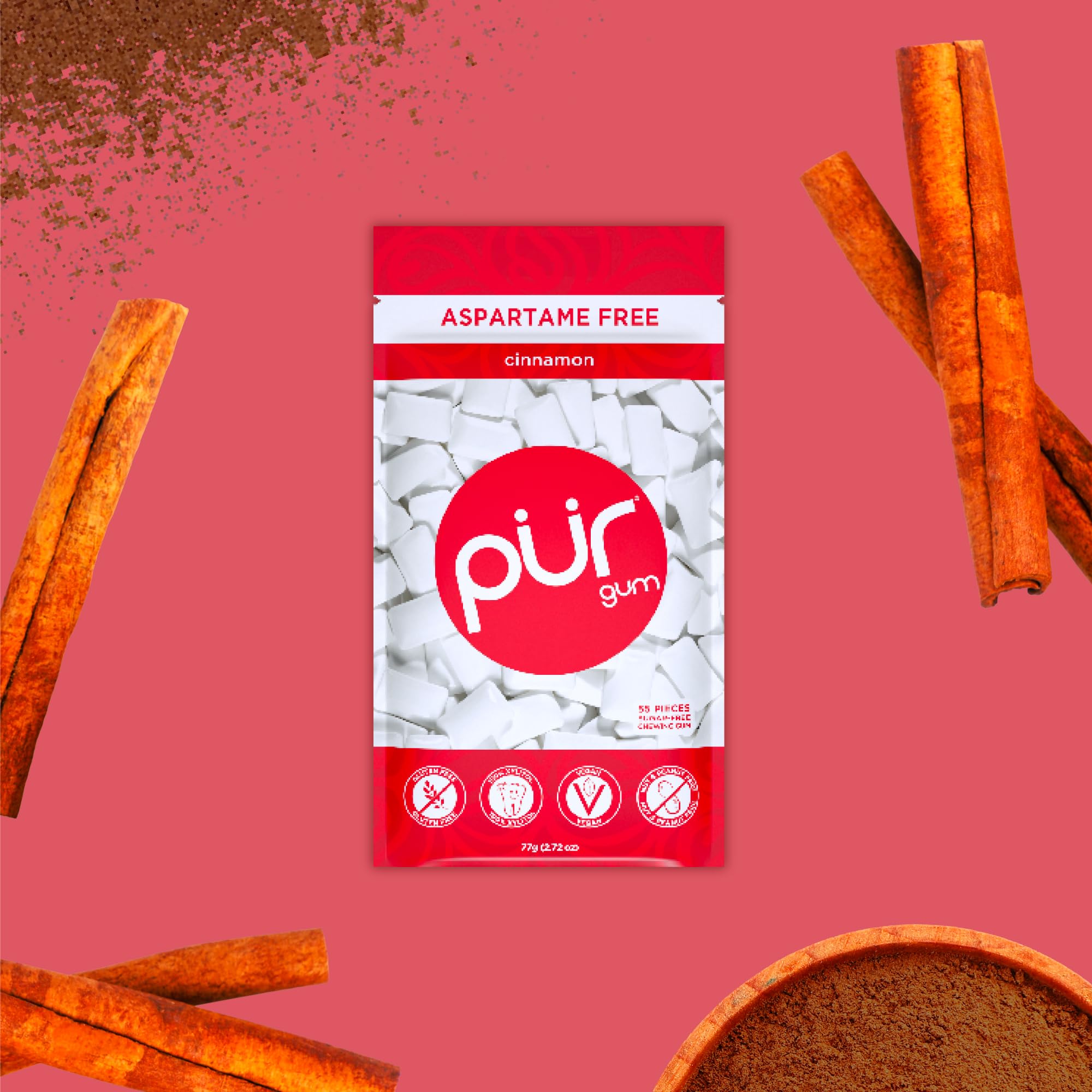 PUR Gum | Zuckerfreier Kaugummi | Mit Xylit | Vegan, Aspartamfrei & Glutenfrei | Natürlicher Kaugummi Mit Spearmint-Geschmack, 55 Stück (3er Pack)