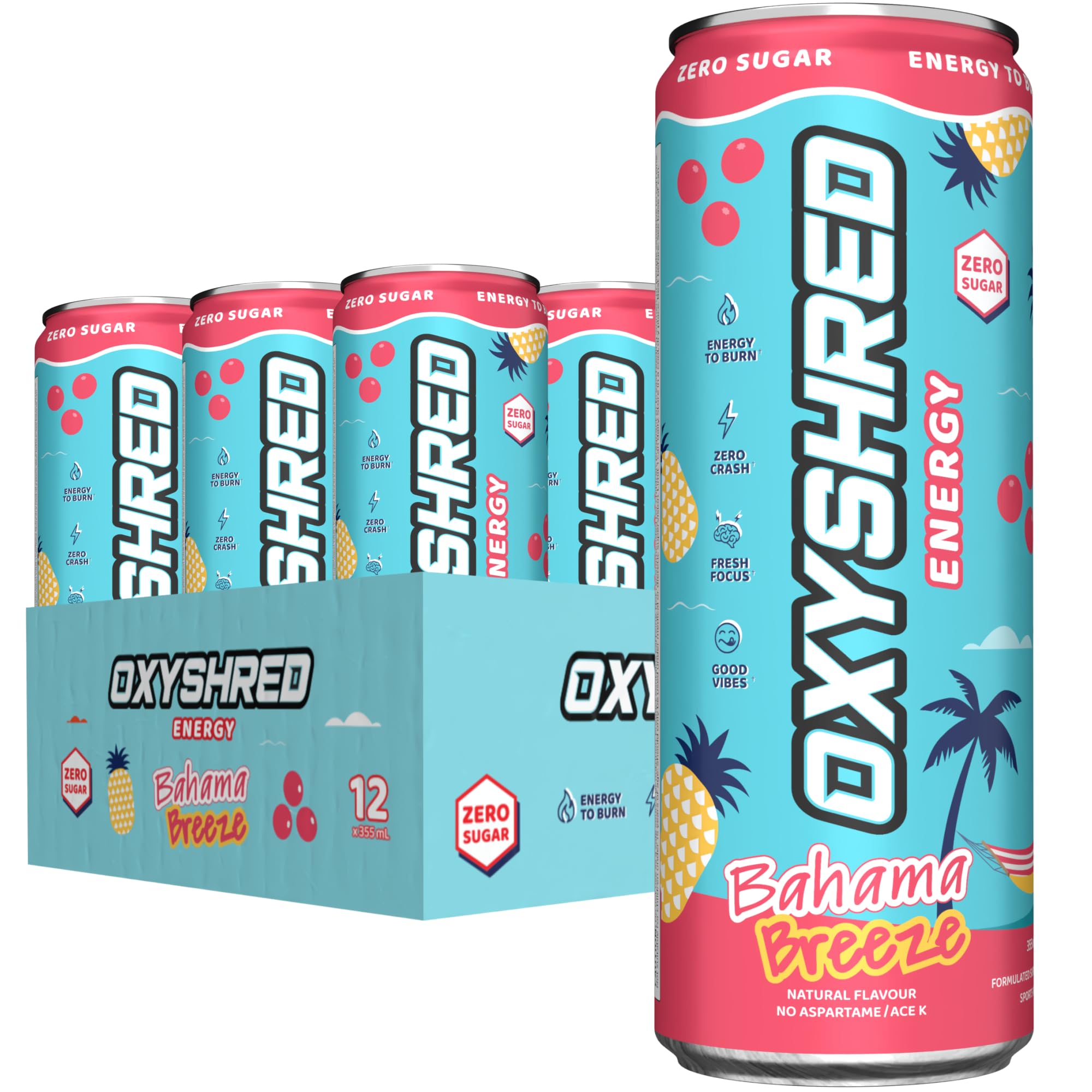 EHP Labs OxyShred Healthy Energy Drink - Zero Sugar Energy Drinks with Amino Acids, Green Tea Extract, Vitamin C & L-Carnitine - Zero Carbs, Zero Calories, Clean Caffeine, Bahama Breeze (12-Pack)