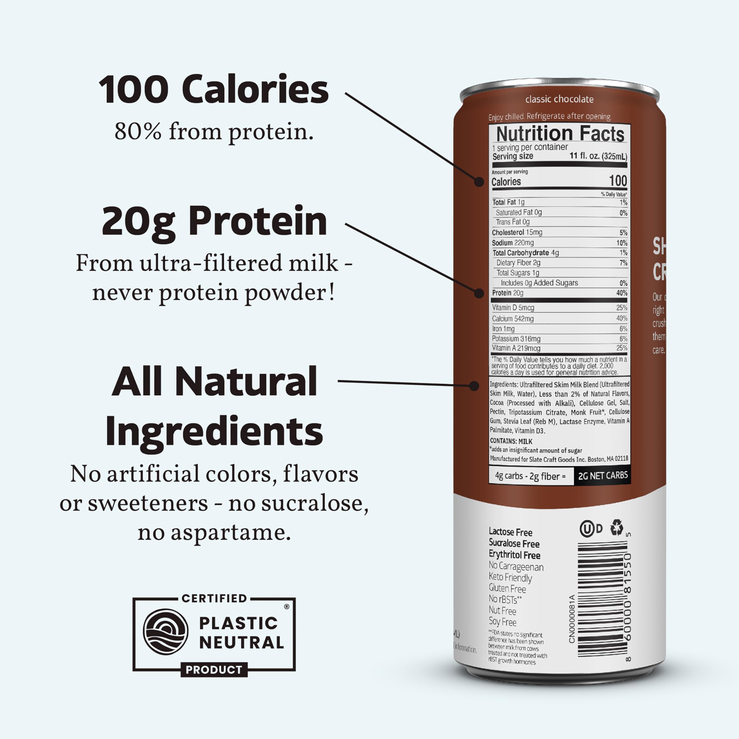 Slate Milk - High Protein Milkshake - French Vanilla - Lactose-Free, 20g Protein, 1g Sugar, 100 Calories, 1g Net Carbs, No Added Sugar - Natural, Breakfast Boost, Post Workout - 11 fl oz, 12 Cans