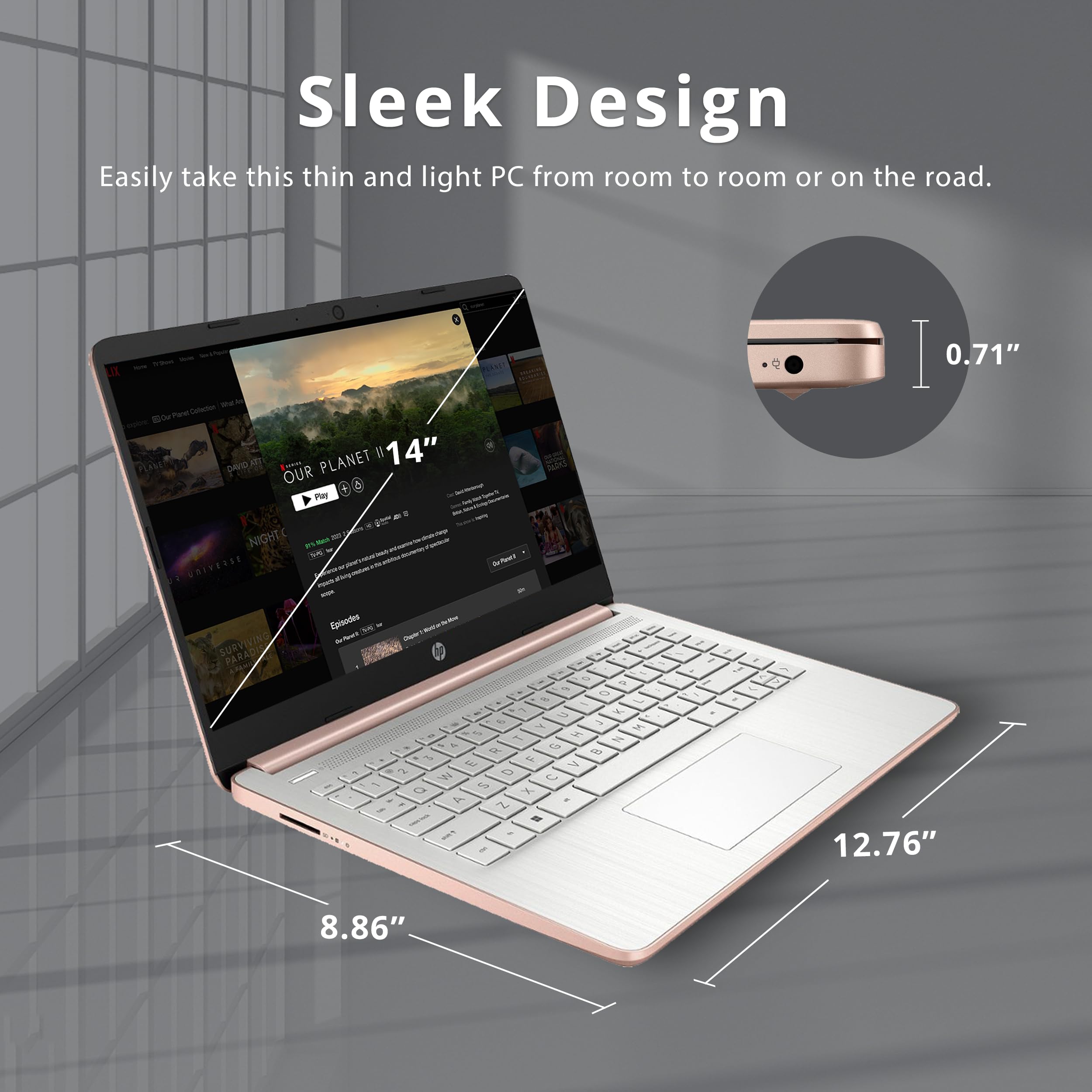 HP 14" HD Laptop, Windows 11, Intel Celeron Dual-Core Processor Up to 2.60GHz, 4GB RAM, 64GB SSD, Webcam, Dale Pink (Renewed)