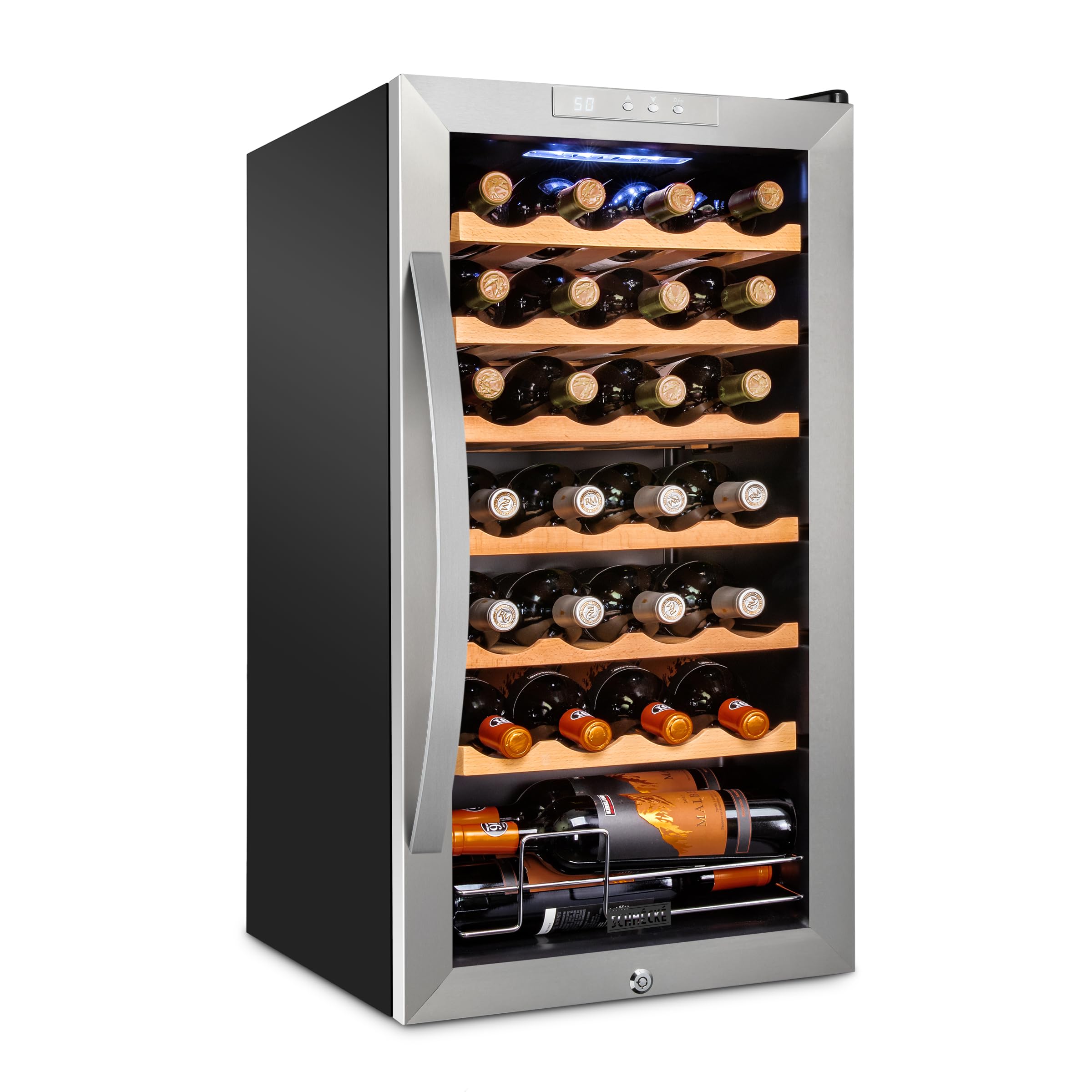SCHMECKE 28 Bottle Compressor Wine Cooler Refrigerator w/Lock - Large Freestanding Wine Cellar - 41f-64f Digital Temperature Control Wine Fridge For Red, White, Champagne or Sparkling Wine - Black