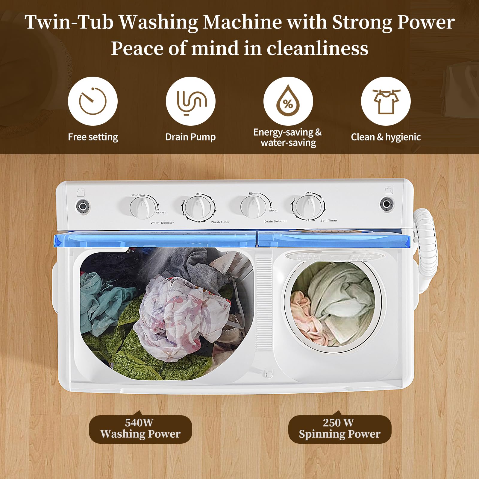 VCJ Portable Washing Machine, Twin Tub Washing Machine Laundry Compact Washer spinner Combo with 14lbs capacity, 9Lbs Washer and 5Lbs Spinner dryer for Apartments RVs and Dorms