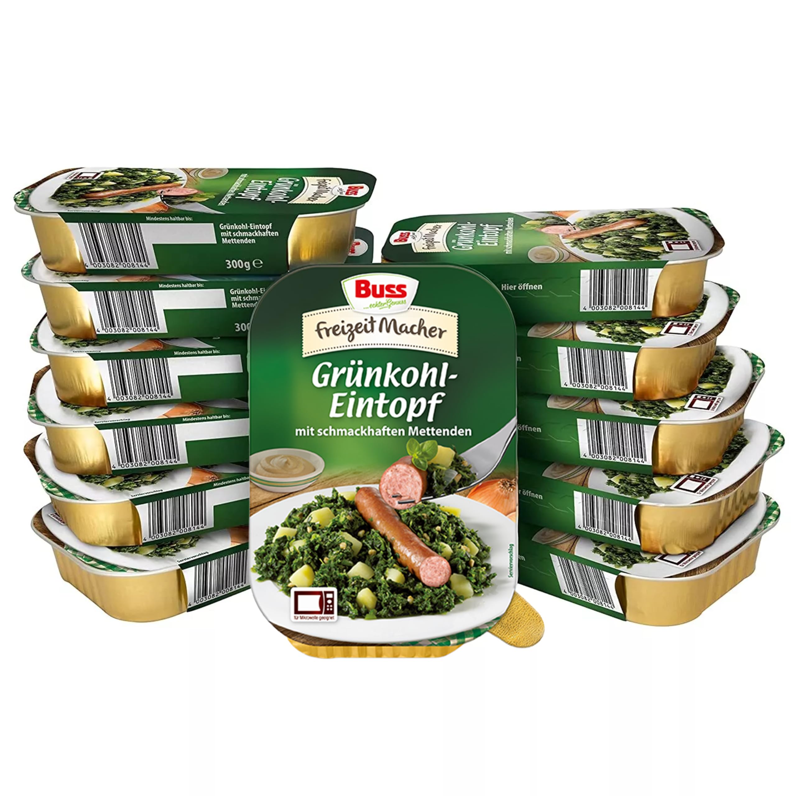 Buss Freizeitmacher Traditioneller Grünkohl Eintopf mit Kartoffeln und Mettenden - Fertiggerichte zum Aufwärmen in Mikrowelle & Topf - Schnell & Einfach Zubereitet - 12 x 300g