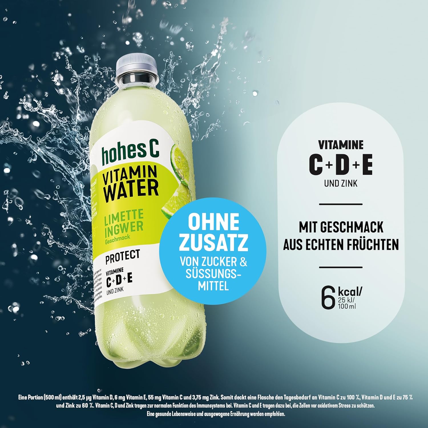 hohes C Vitamin Water Protect Limette & Ingwer (6 x 750ml), für dein Immunsystem: Vitamin C, D, E + Zink, gegen oxidativen Stress, nur 6kcal/100ml, ohne Zuckerzusatz & Süßungsmittel, vegan