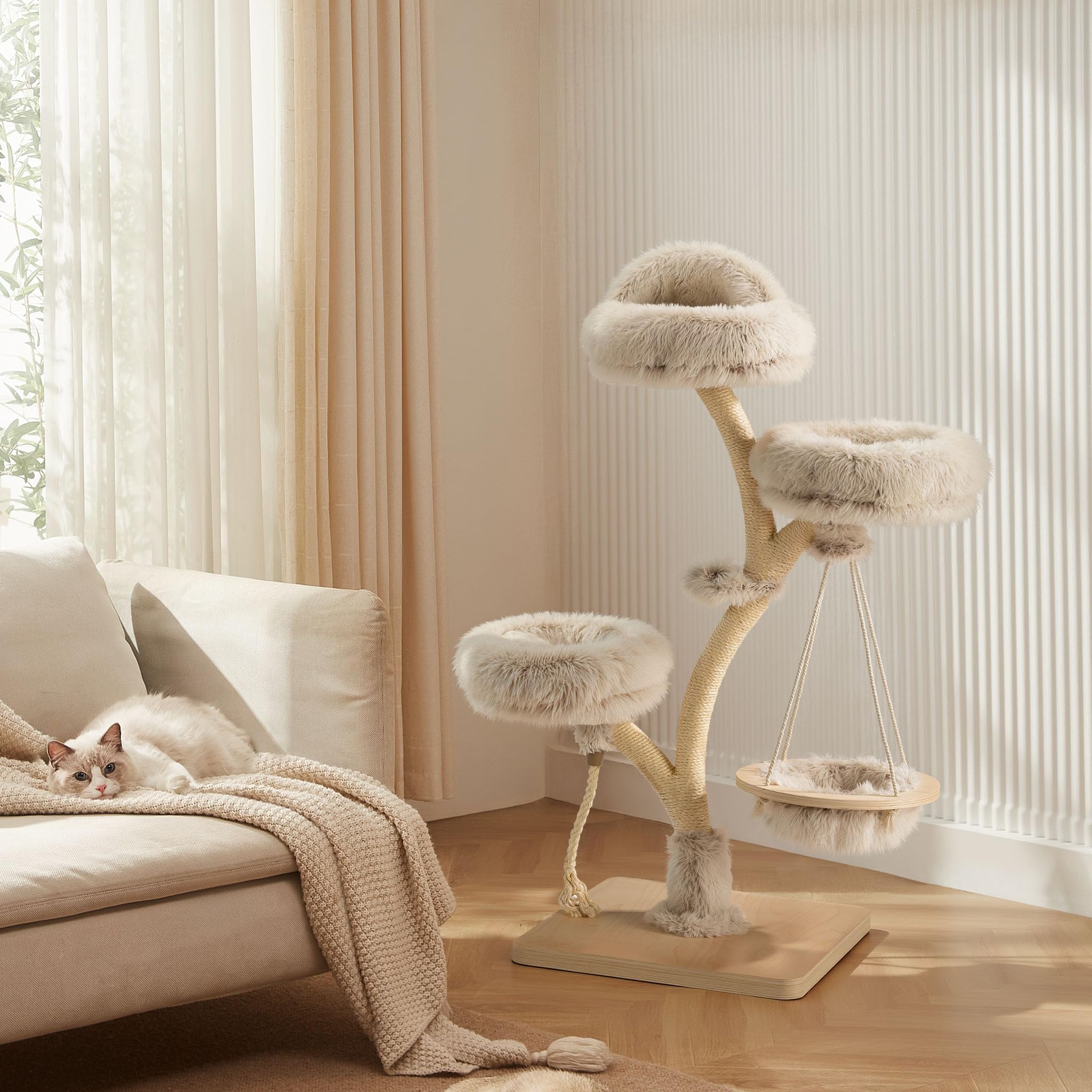 Fudajo Designer Kratzbaum mit Hängeliege, Katzenkratzbaum 59 x 59 x 169 cm, Katzenbaum bis max. 15 kg mit Sisal und Plüsch, Katzenmöbel mit 3 Etagen