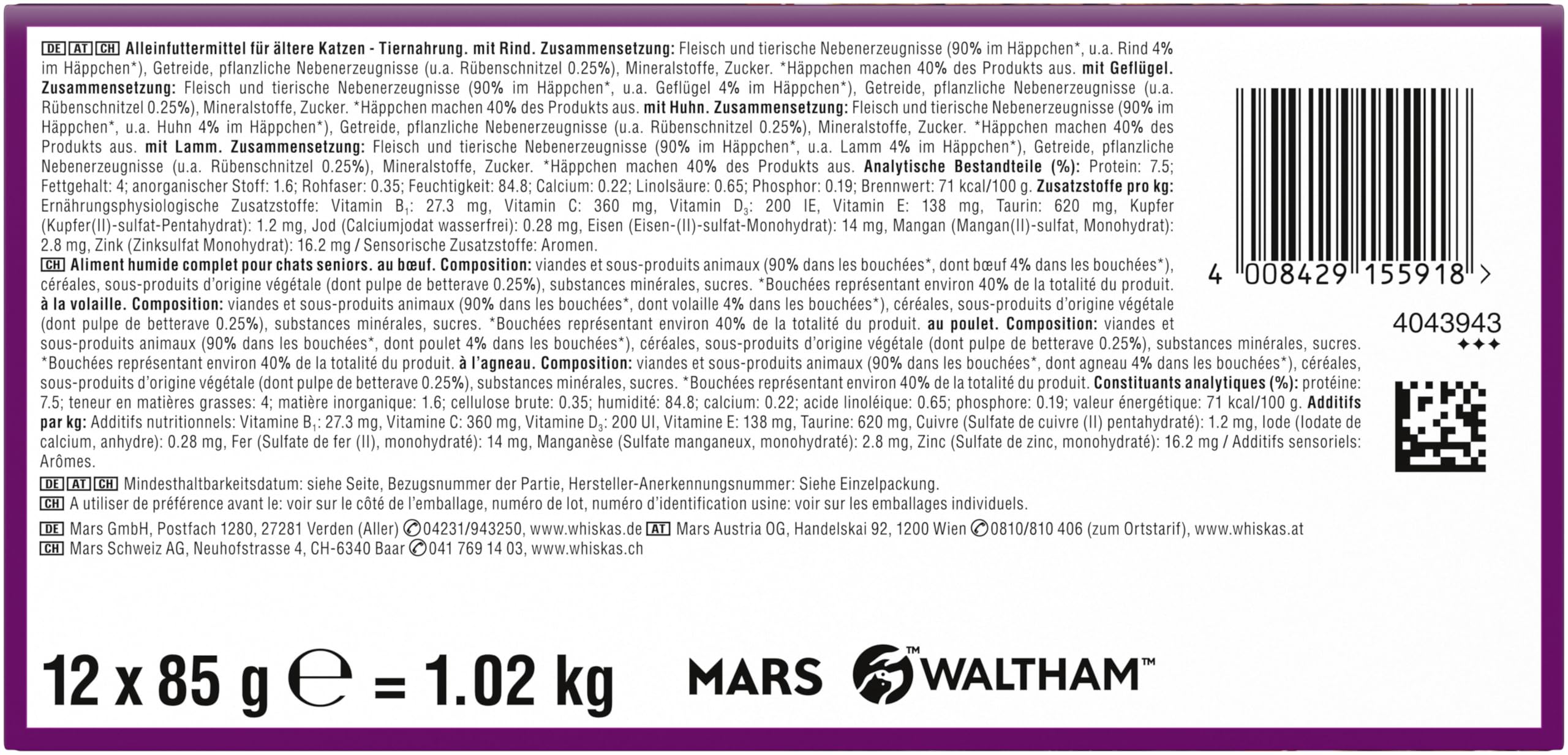 Whiskas Senior 7+ Katzennassfutter Gemischte Auswahl in Sauce, 48 Portionsbeutel, 12x85g (4er Pack) – Hochwertiges Katzenfutter nass, für Katzen ab 7 Jahren und älter