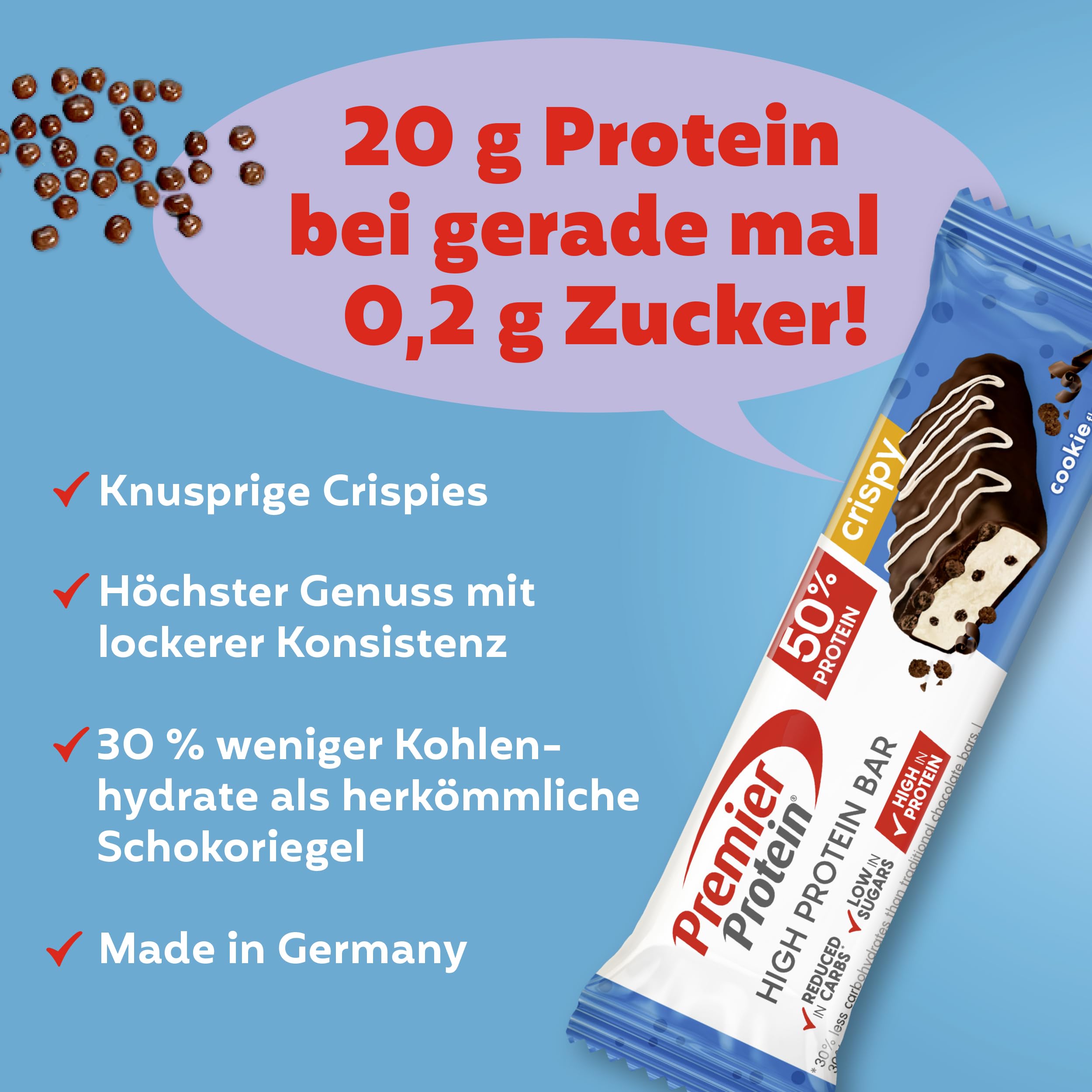 Premier Protein - High Protein Bar 50% - Double Chocolate Cookie - 16x40g - Zuckerarm - Kohlenhydratarm - palmölfrei