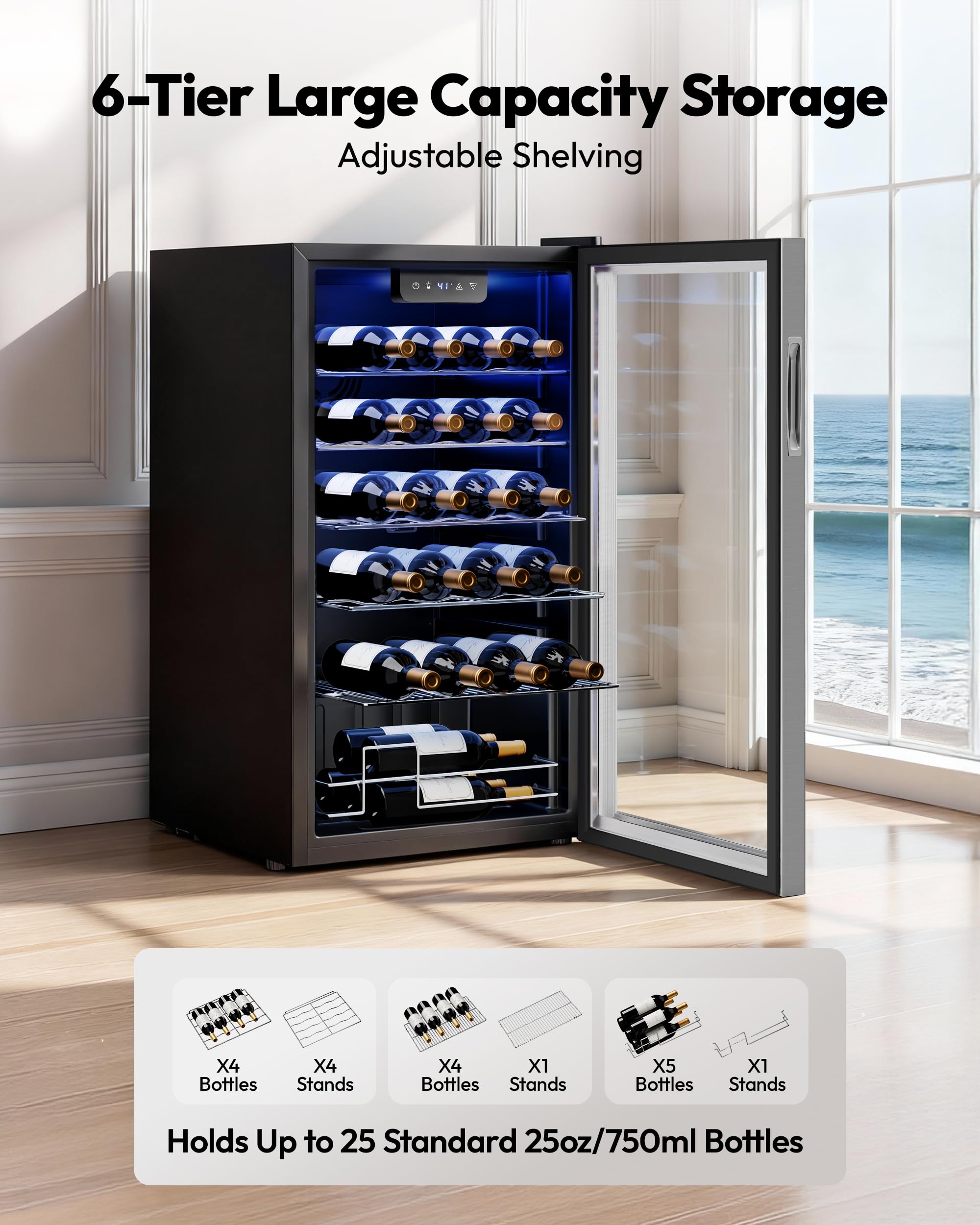 EUHOMY 25 bottle Wine Cooler Refrigerator, Freestanding Compressor Wine Fridge with Adjustable Temperature and Digital Control, Mini Fridge with Glass Door for Red White Wine, Beer, Black