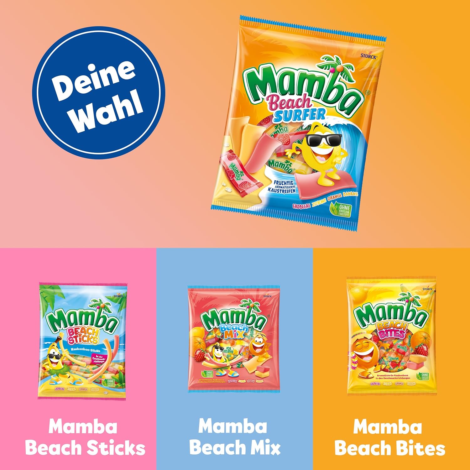Mamba Beach Mix – 1 x 160g – Fruchtige Kaubonbons mit Mamba Beach Surfer, Mamba Beach Sticks & Mamba Beach Bites – Fruchtgummi Mix einzeln verpackt