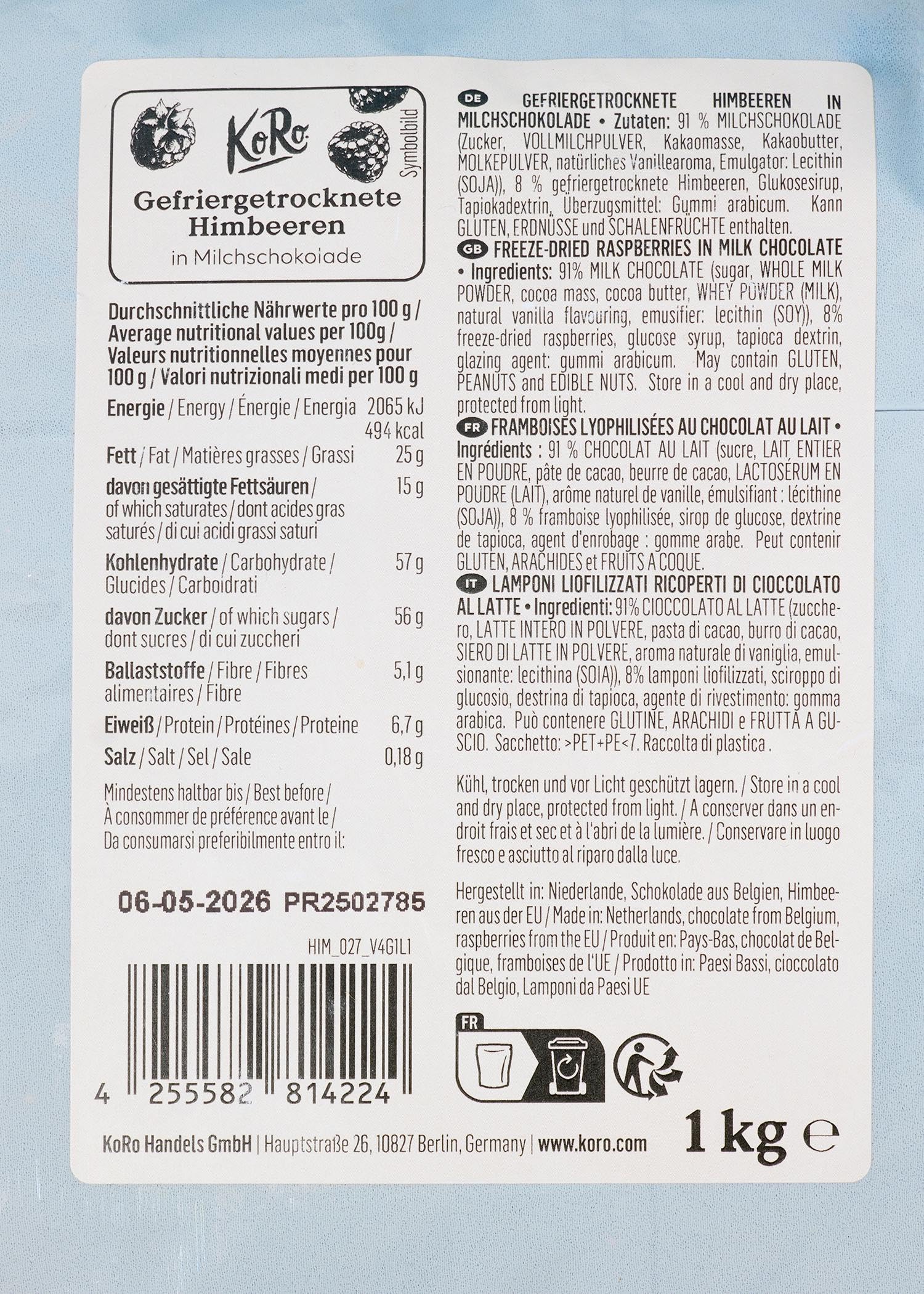 KoRo - Gefriergetrocknete Erdbeeren in Milchschokolade 1 kg - Knackig Fruchtig - Snack im Vorteilspack