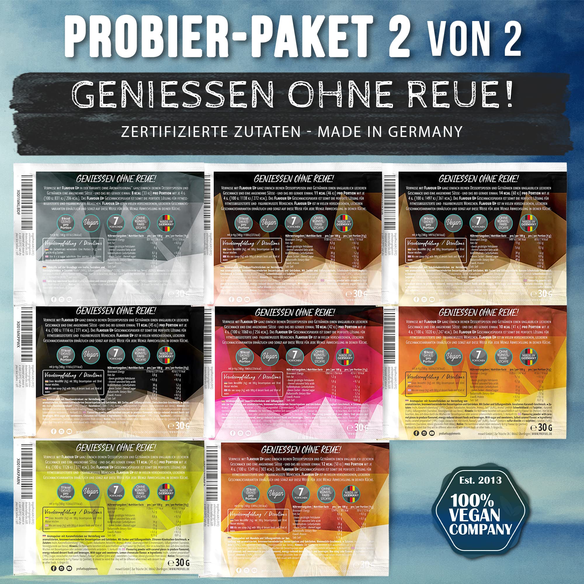 Geschmackspulver MIX PACK mit 8x30g Proben, 8 unglaublich leckere Flavours, nur 8-14 kcal pro Portion, Aroma & angenehme Süße, vielseitig einsetzbar für Lebensmittel & Getränke, FLAVOUR UP