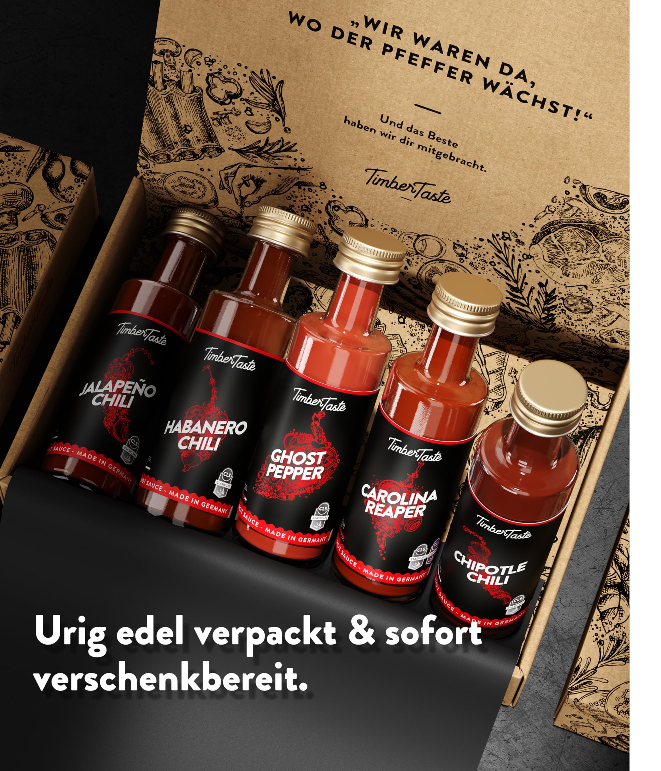 TIMBER TASTE® Chili Geschenkset scharfe Soßen Set - 5 Hot Sauce Set je 40ml in Geschenkverpackung für Liebhaber & Genießer scharfer Saucen | Ostergeschenk Mann | kleine Ostergeschenke Männer