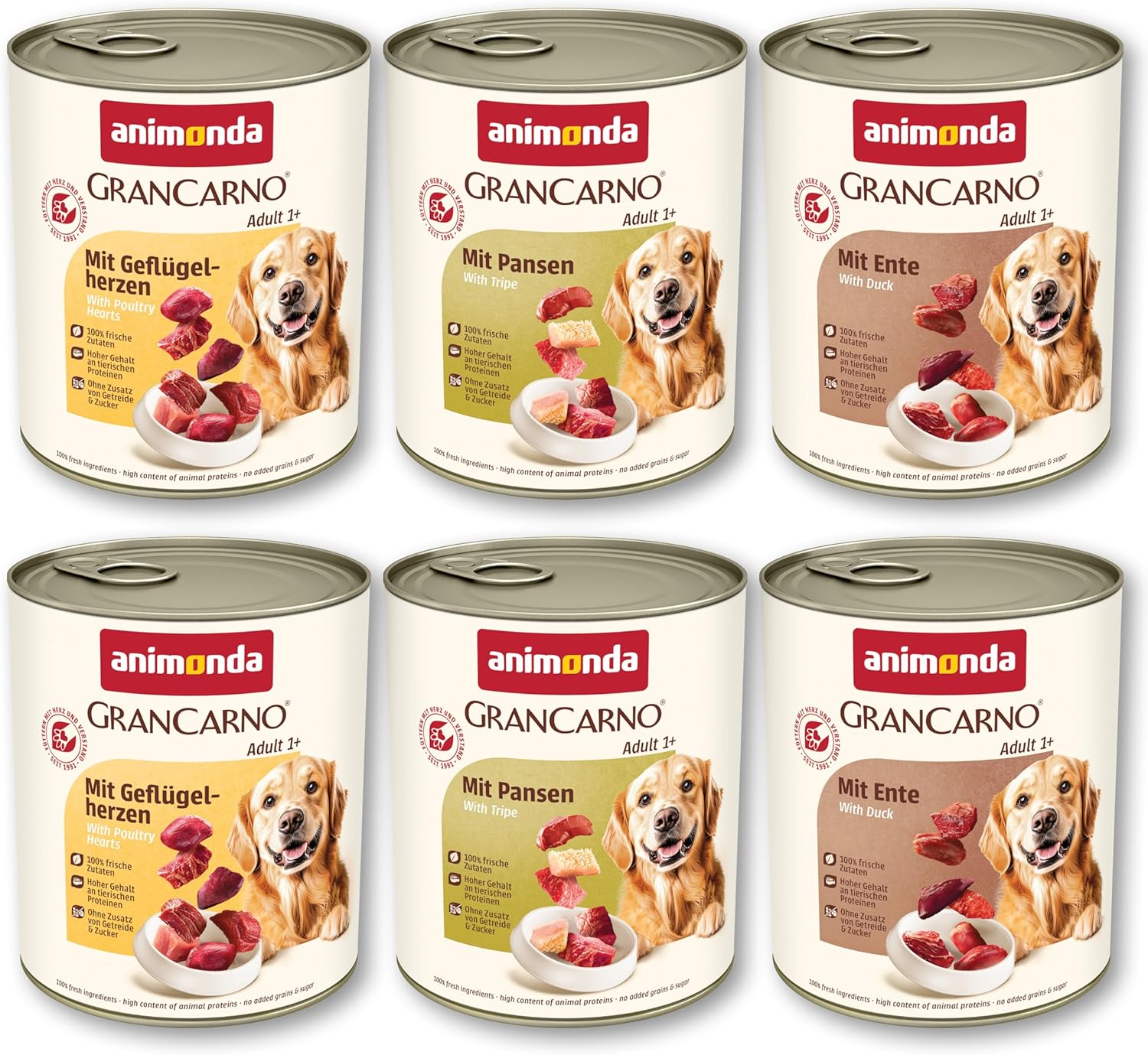 animonda GranCarno Adult Deftige Variation (6 x 800 g), Hundenassfutter für ausgewachsene Tiere, Nassfutter für Hunde mit 100% frischen, fleischlichen Zutaten, Hundefutter ohne Getreide