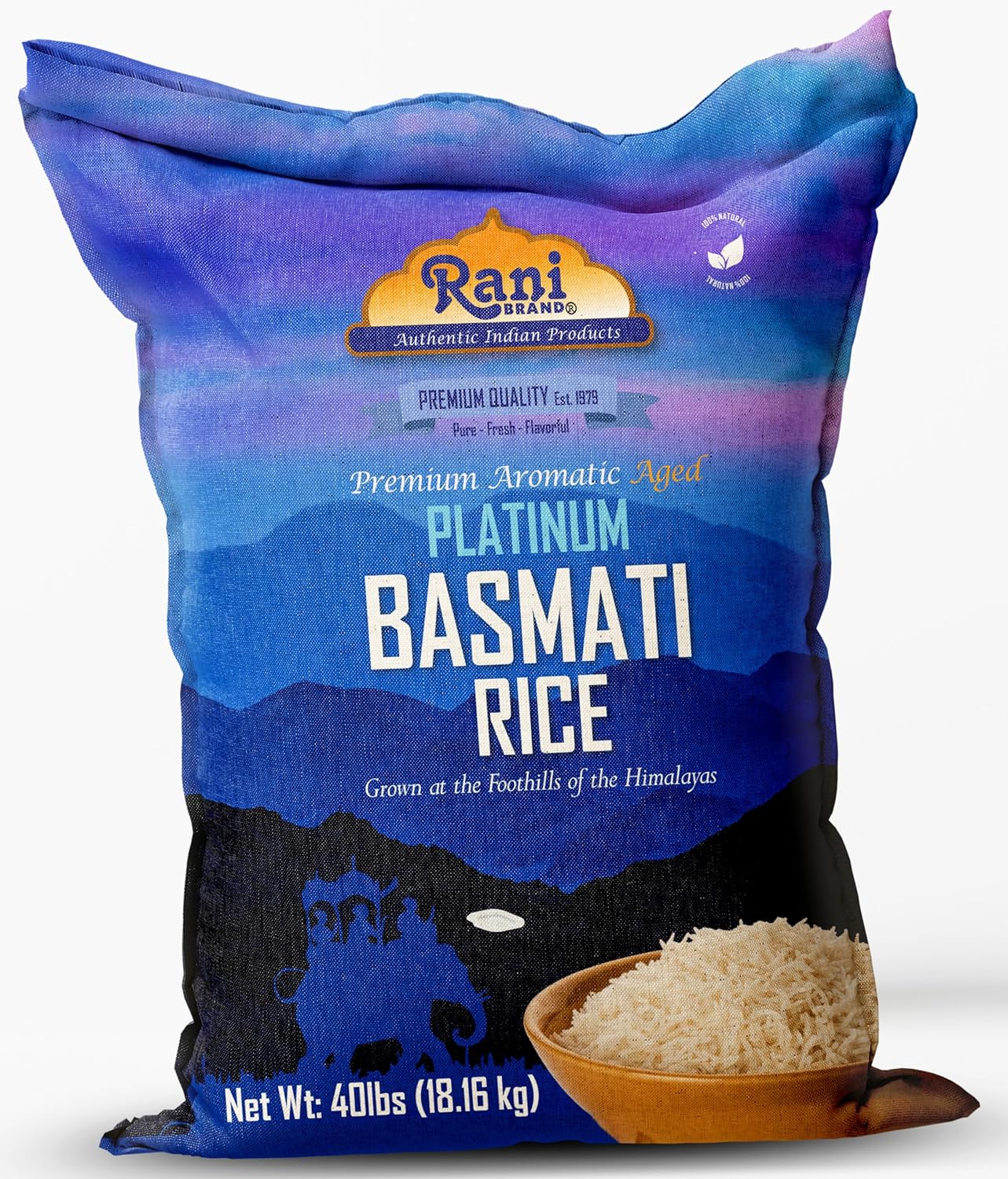 Rani Platinum White Basmati Rice Extra Long Aged 10-Pound Bag, 160oz (10lbs) 4.53kg ~ All Natural | Gluten Friendly | Vegan | Indian Origin | Kosher | Export Quality