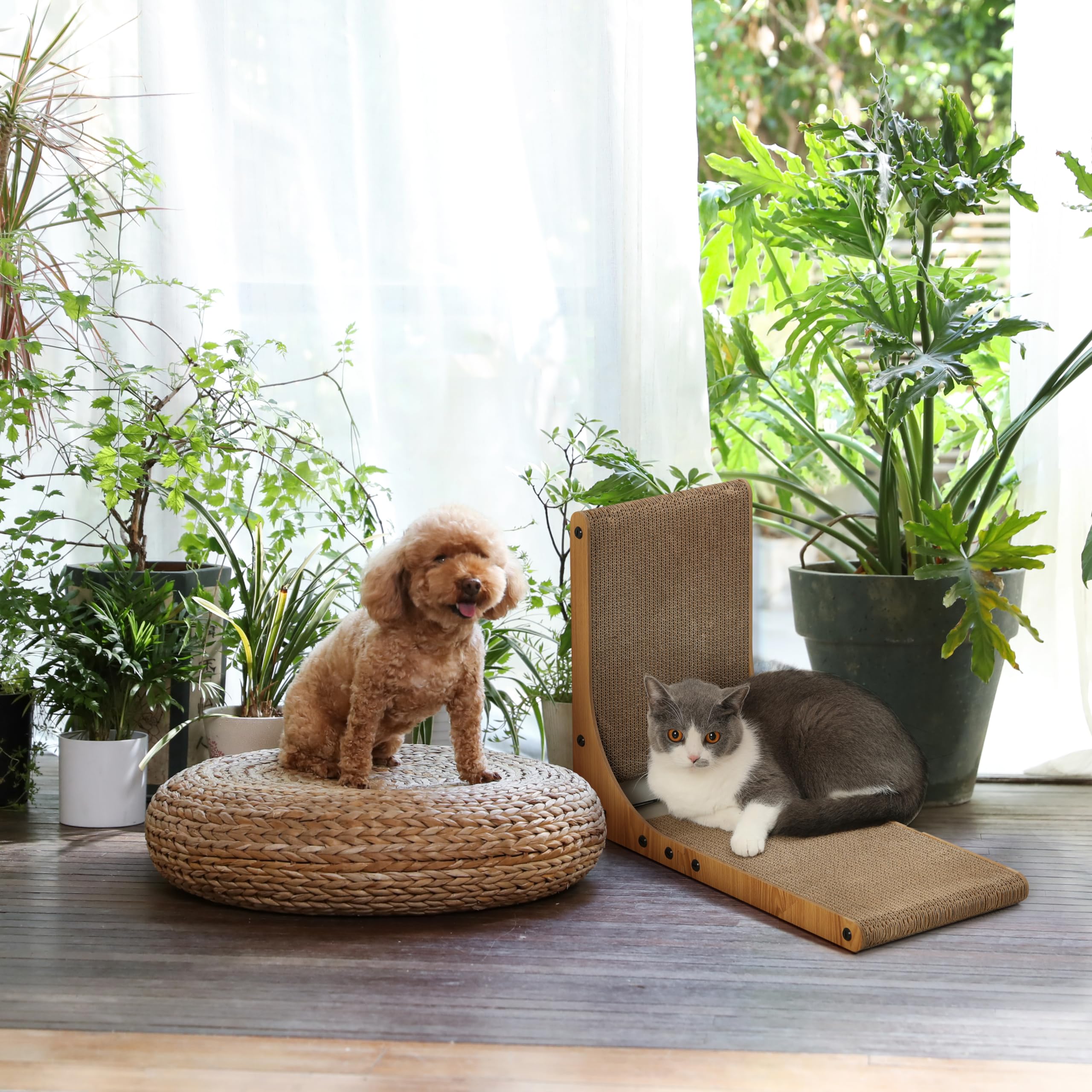 FUKUMARU Kratzbrett Katzen, 68 cm hohe L förmige Kratzpappe für Katzen, widerstandsfähig Katzenkratzbrett mit Ballspielzeug, Kratzmöbel aus hochwertiger Karton für Wand und Ecke, Groß