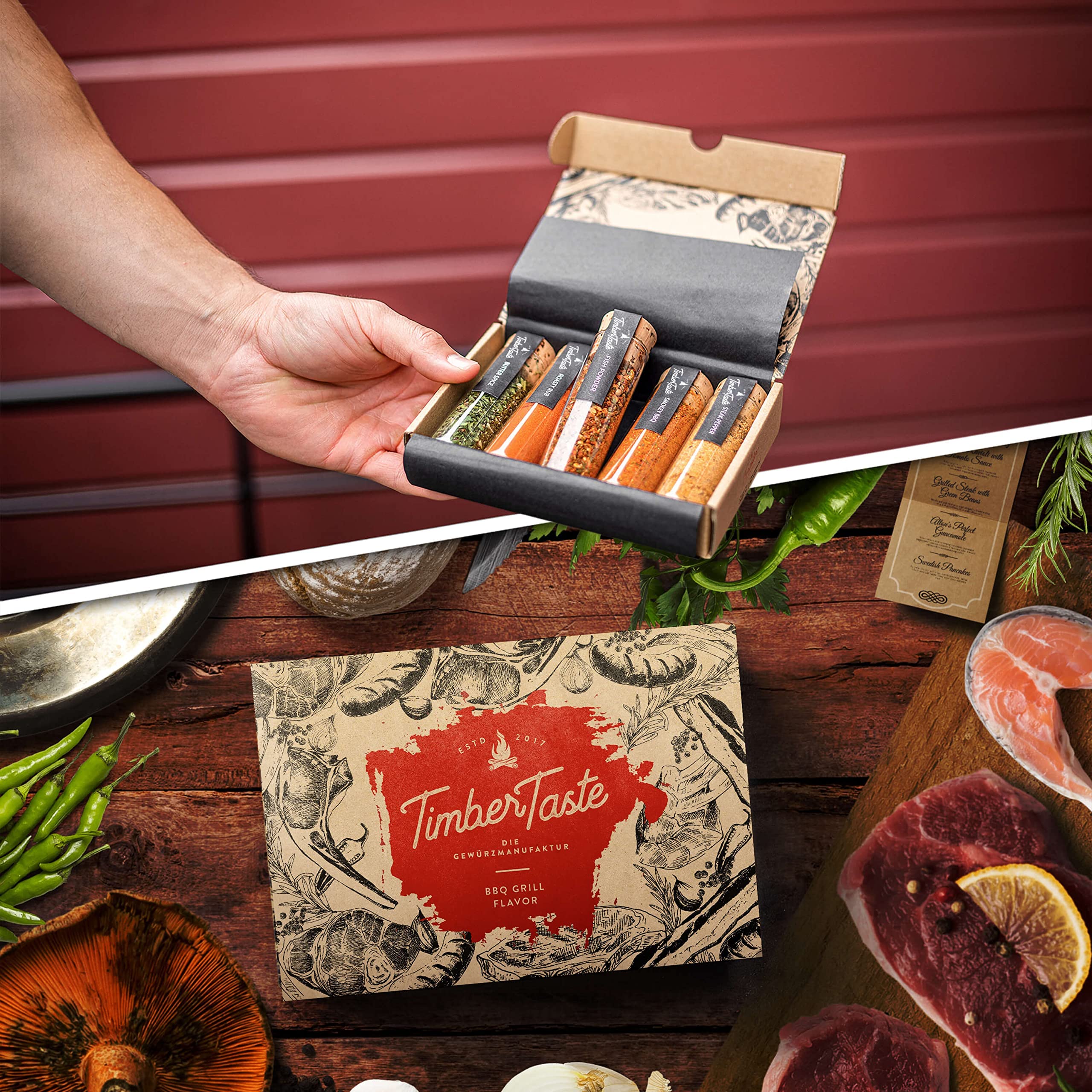 TIMBER TASTE® Grillgewürze Geschenkset - 5 premium BBQ Gewürze Rubs & Marinaden in edler Geschenkbox | Geschenke für Männer | Vatertag Geschenk | Gewürze Geschenkset ideal zum Grillen Geschenk Set