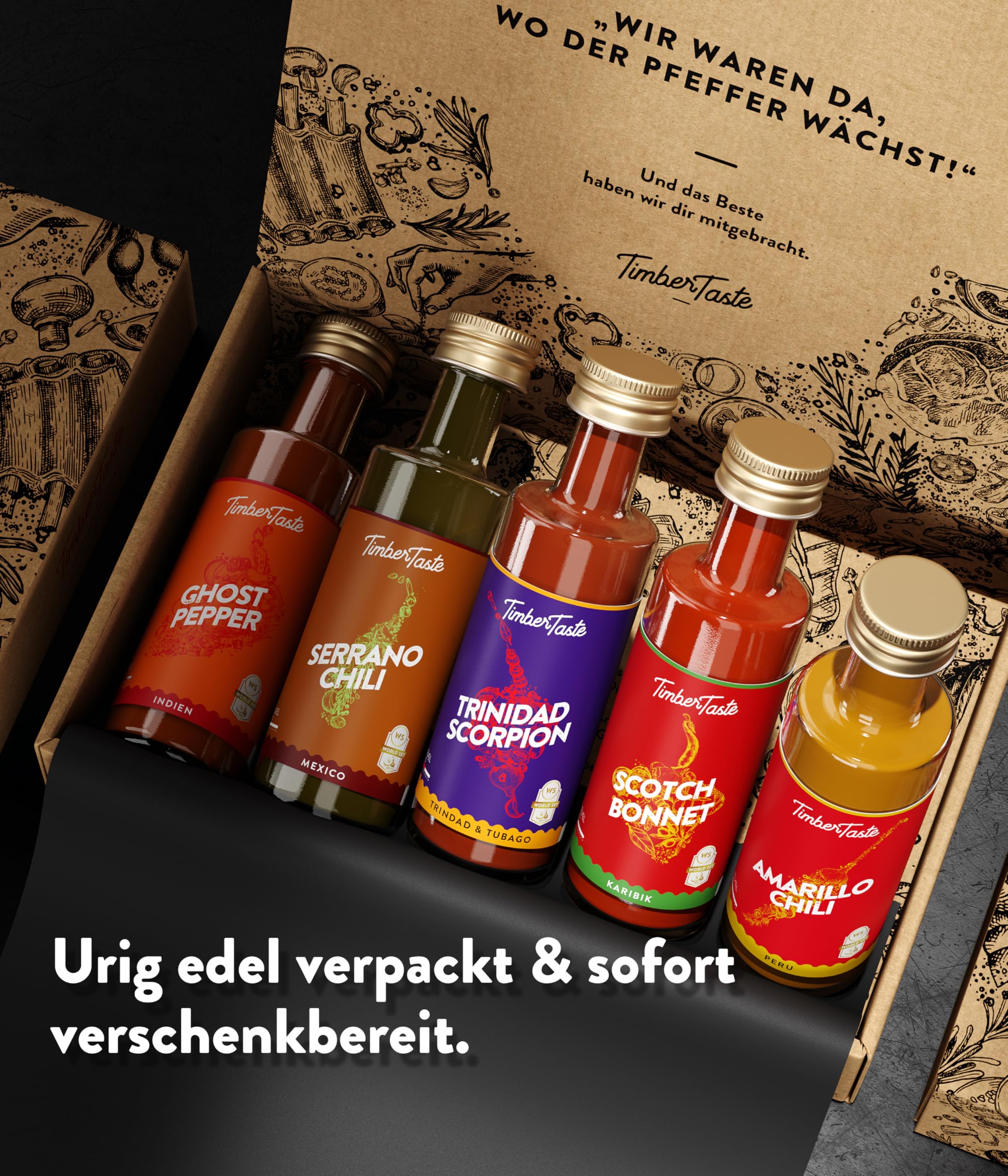 TIMBER TASTE® Chili Geschenkset scharfe Soßen Set - 5 Hot Sauce Set je 40ml in Geschenkverpackung für Liebhaber & Genießer scharfer Saucen | Ostergeschenk Mann | kleine Ostergeschenke Männer