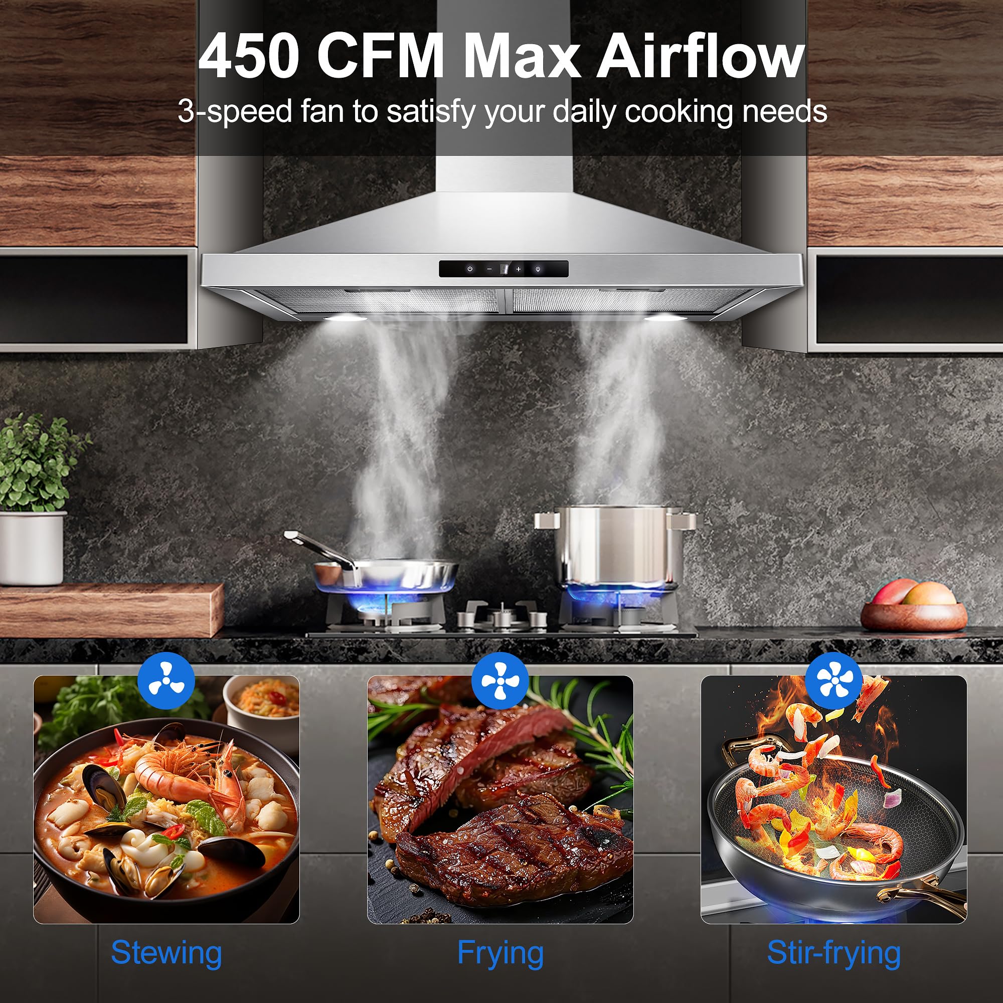 Tieasy Wall Mount Range Hood 30 inch with Ducted/Ductless Convertible Duct, Stainless Steel Chimney-Style Over Stove Vent Hood with LED Light, 3 Speed Exhaust Fan, 450 CFM