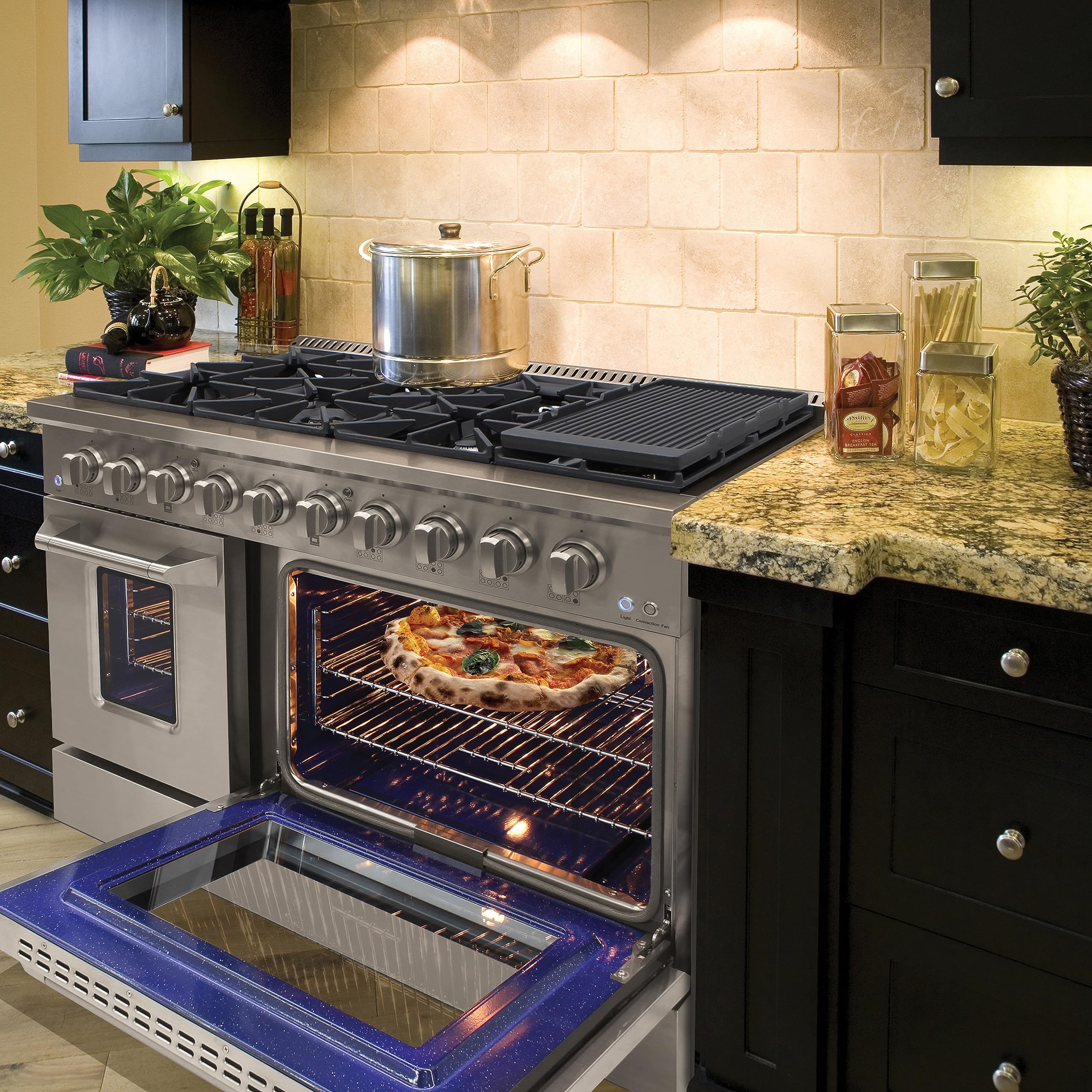 DUURA Elite Gas Range Cooktop, 48-Inch with Double Porcelain Convection Oven and Broil Function, 8 Sealed Burners Continuous Grates with Stainless Steel Construction, 6.7-Cu.Ft, Metallic