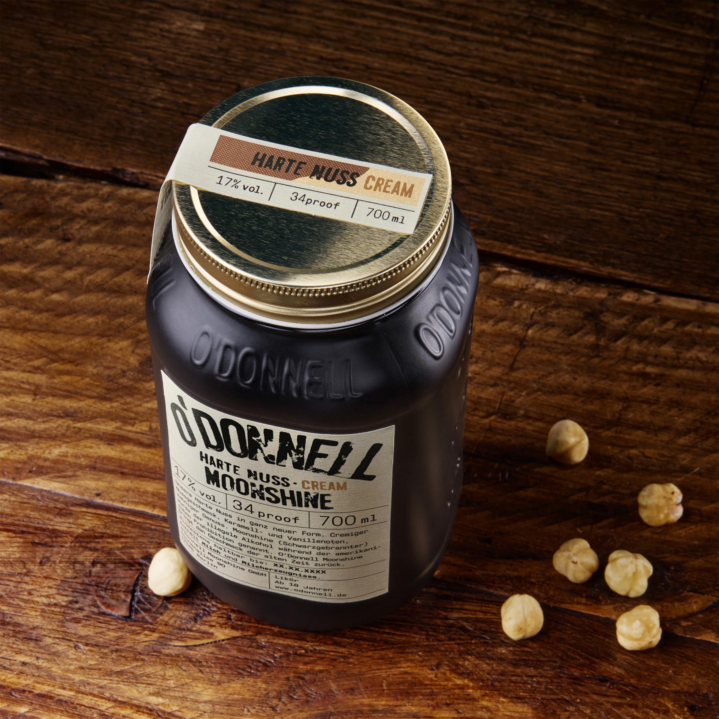 O'Donnell Moonshine Haselnusslikör Harte Nuss Geschenkset (+ Ausgießer) – Nuss Likör mit Whiskey & Karamell Geschmak (700ml) in Original Mason Jar – 25% Premium Spirituose Made in Berlin