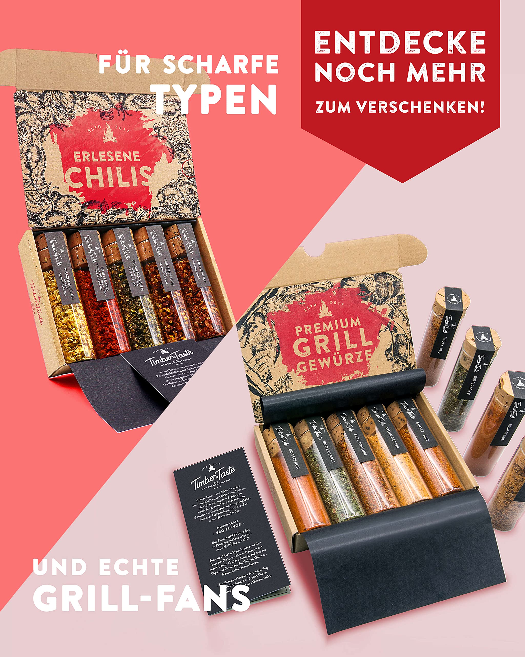 TIMBER TASTE® Grillgewürze Geschenkset - 5 premium BBQ Gewürze Rubs & Marinaden in edler Geschenkbox | Geschenke für Männer | Vatertag Geschenk | Gewürze Geschenkset ideal zum Grillen Geschenk Set
