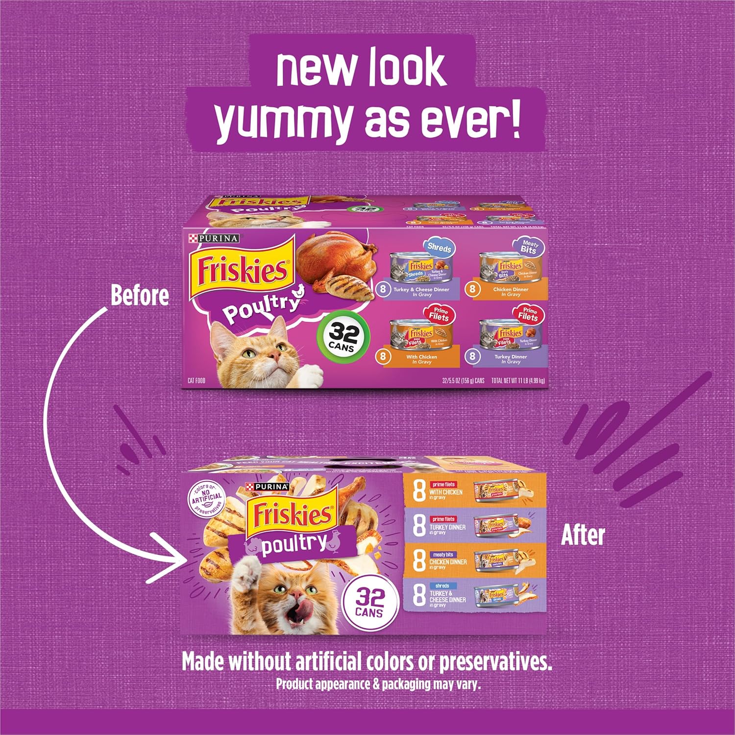 Purina Friskies Gravy Wet Cat Food Variety Pack, Poultry Shreds, Meaty Bits, and Prime Filets - (Pack of 32) 5.5 oz. Cans