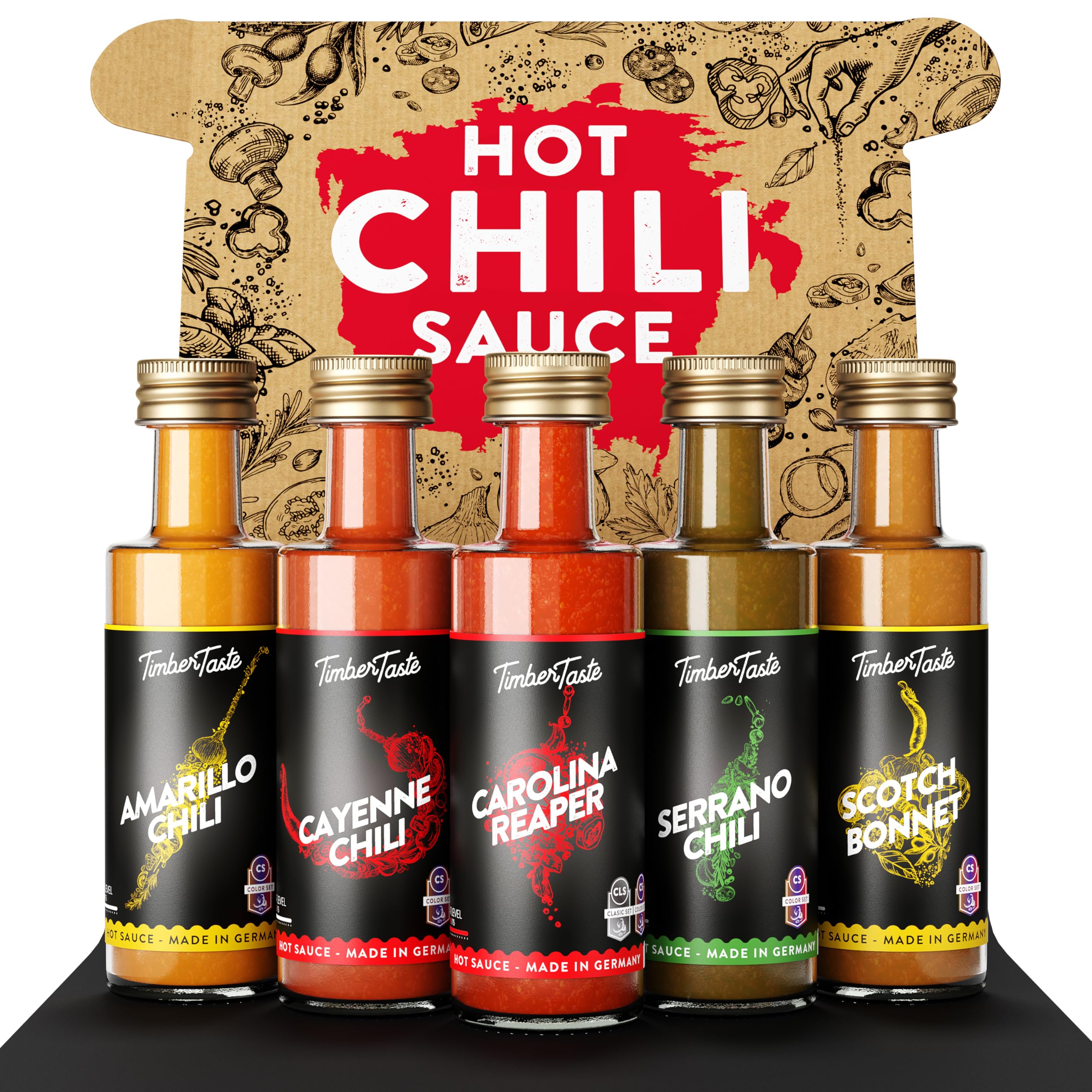 TIMBER TASTE® Chili Geschenkset scharfe Soßen Set - 5 Hot Sauce Set je 40ml in Geschenkverpackung für Liebhaber & Genießer scharfer Saucen | Ostergeschenk Mann | kleine Ostergeschenke Männer