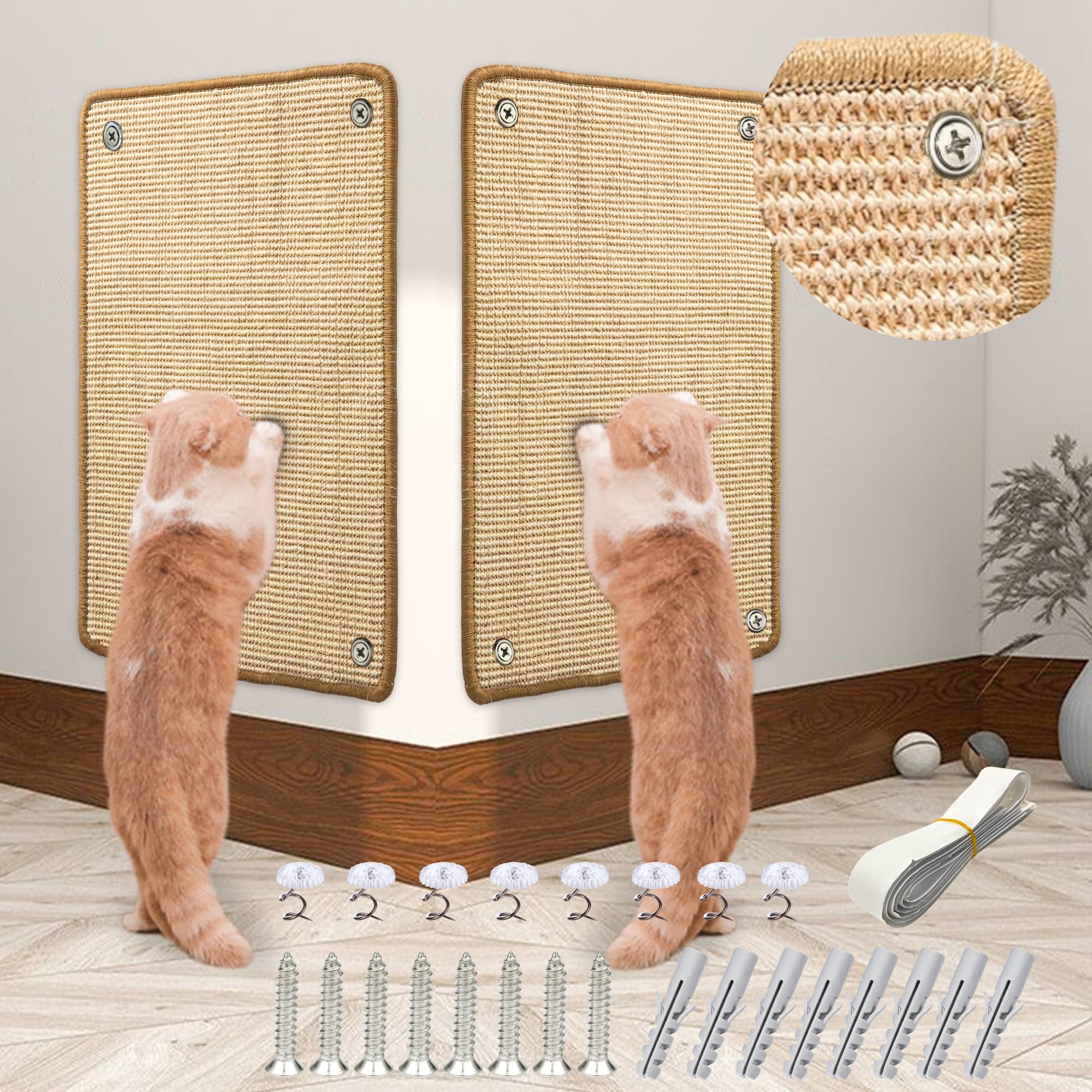 2 Stück Kratzmatte aus Sisal, Kratzmatte für Katzen, mit Klebeband, Katzenkratzmatte, Teppich zum Schutz der Wand, 60 × 25 cm (Braun)