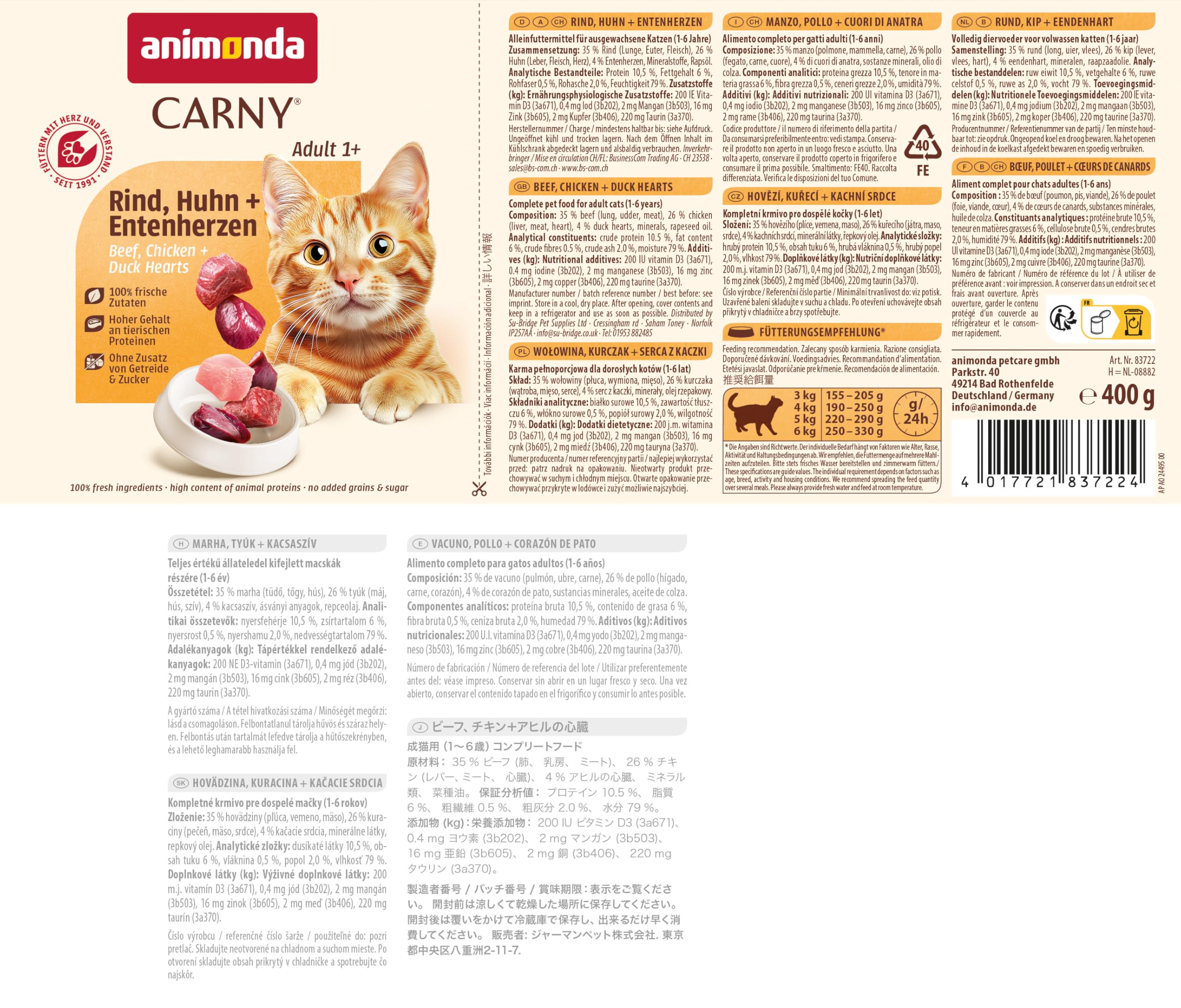 animonda Carny Adult Huhn + Lachs (6 x 400 g), Katzennassfutter für ausgewachsene Katzen, Nassfutter mit 100 % frischen, fleischlichen Zutaten, Katzenfutter ohne Getreide und Zucker