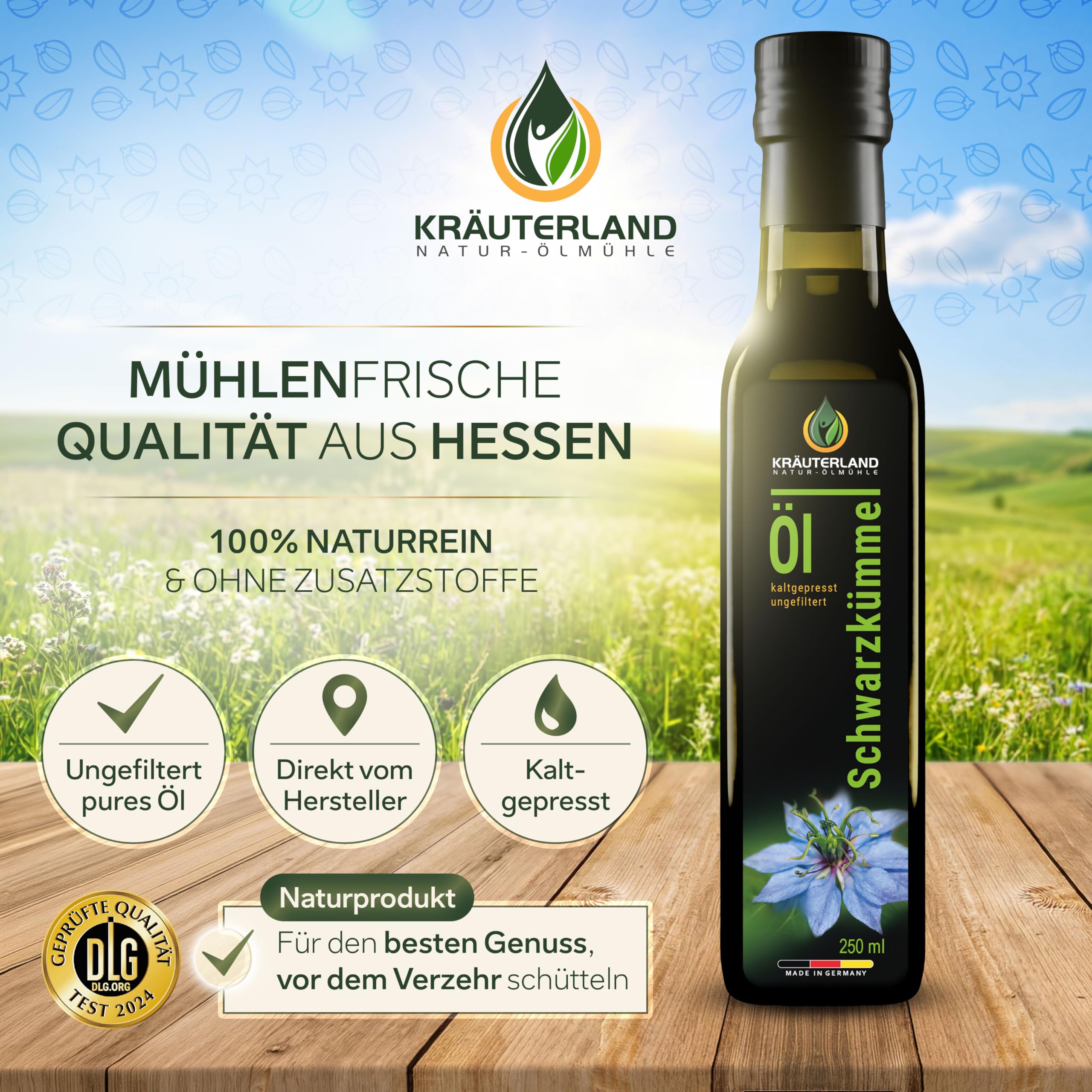 Kräuterland Schwarzkümmelöl 500ml, kaltgepresst & ungefiltert, hoher Thymochinon‑Anteil, ägyptische Samen, mühlenfrisch, 100 % Nigella sativa, naturrein ohne Zusatzstoffe, lichtgeschützten Glas